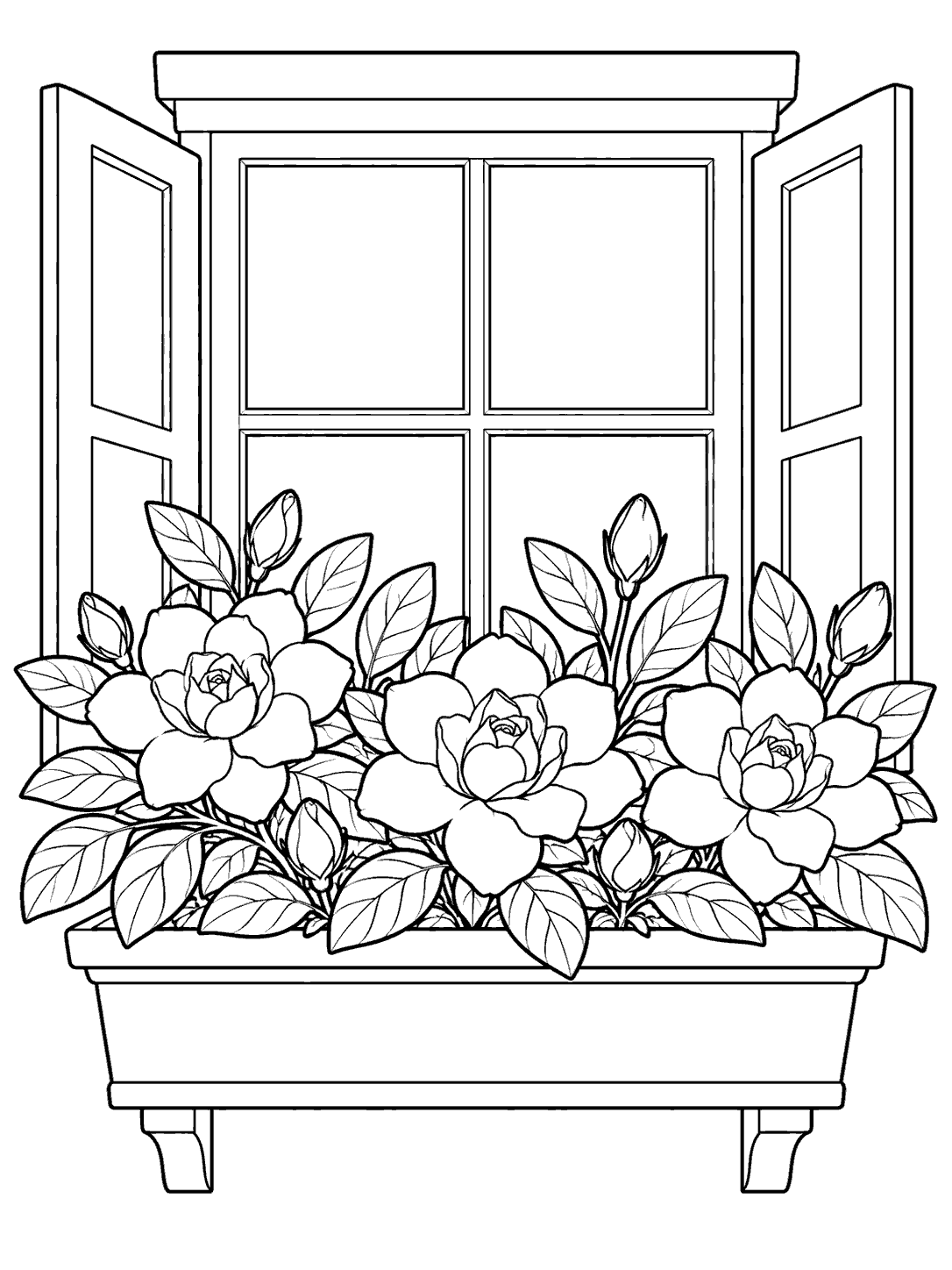 Three open gardenia flowers, buds, and oval leaves fill a cottage window box coloring page.