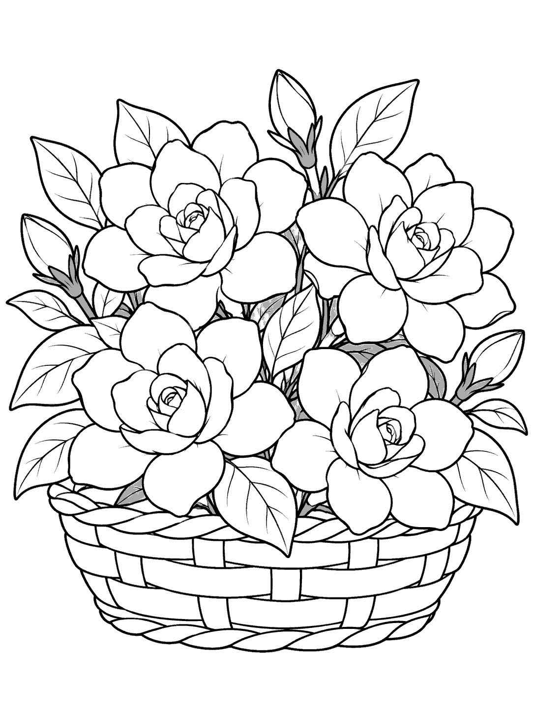Four gardenia blooms, buds, and leafy stems in a woven basket coloring page