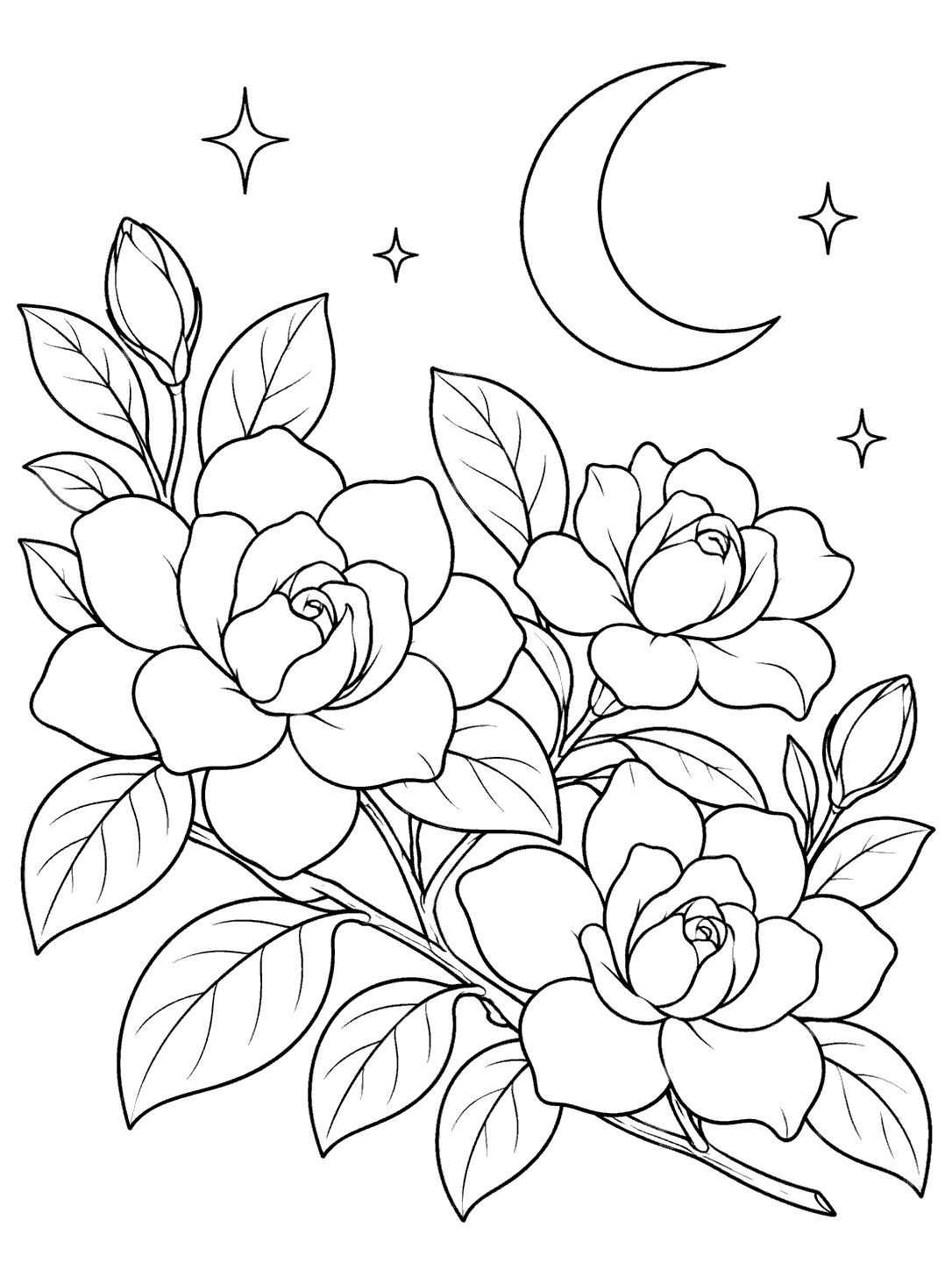 Gardenia branch beneath a crescent moon coloring page