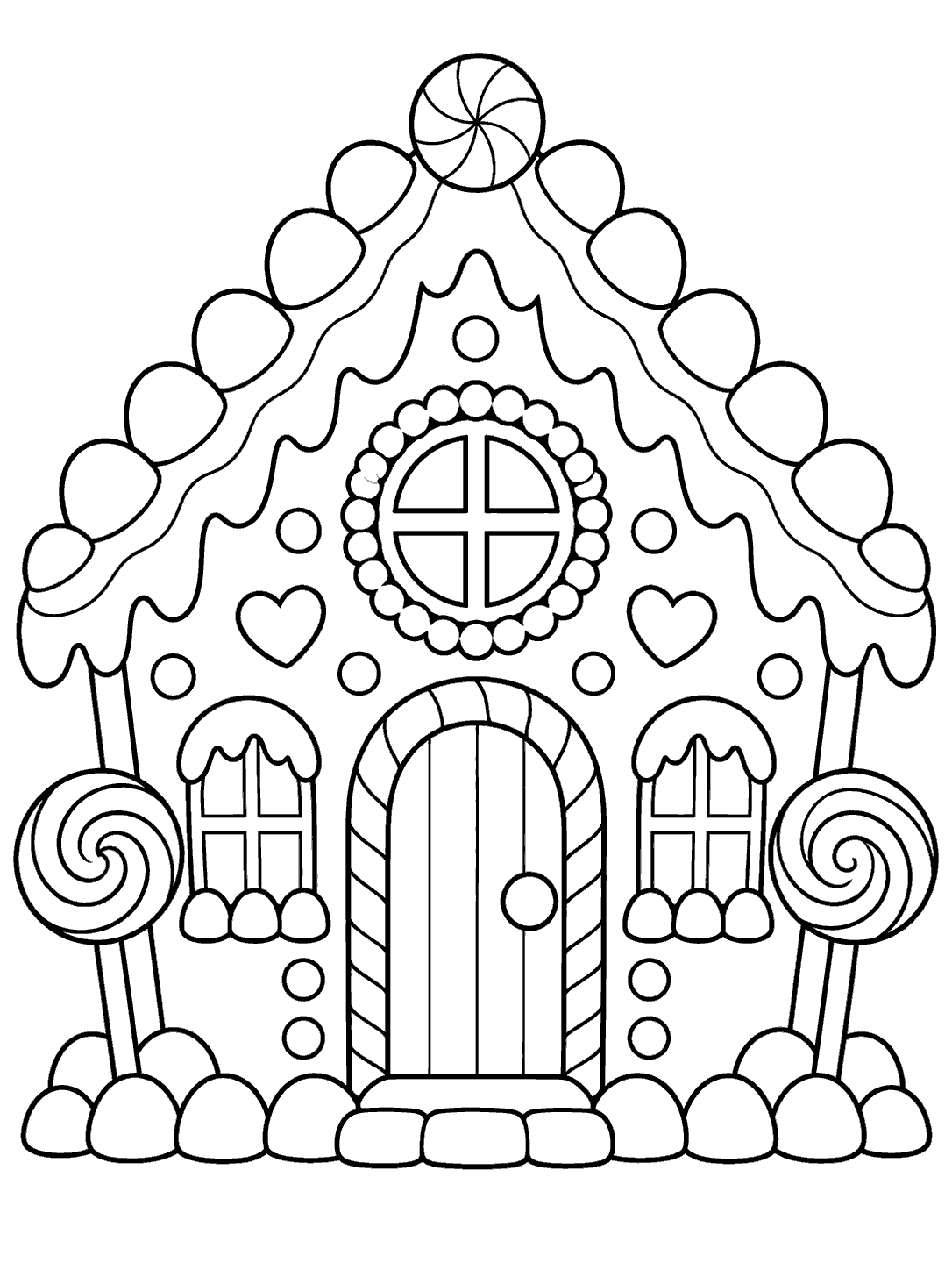 Gingerbread cottage coloring page with a gumdrop roof, candy cane doorway, round window, and two lollipop trees.