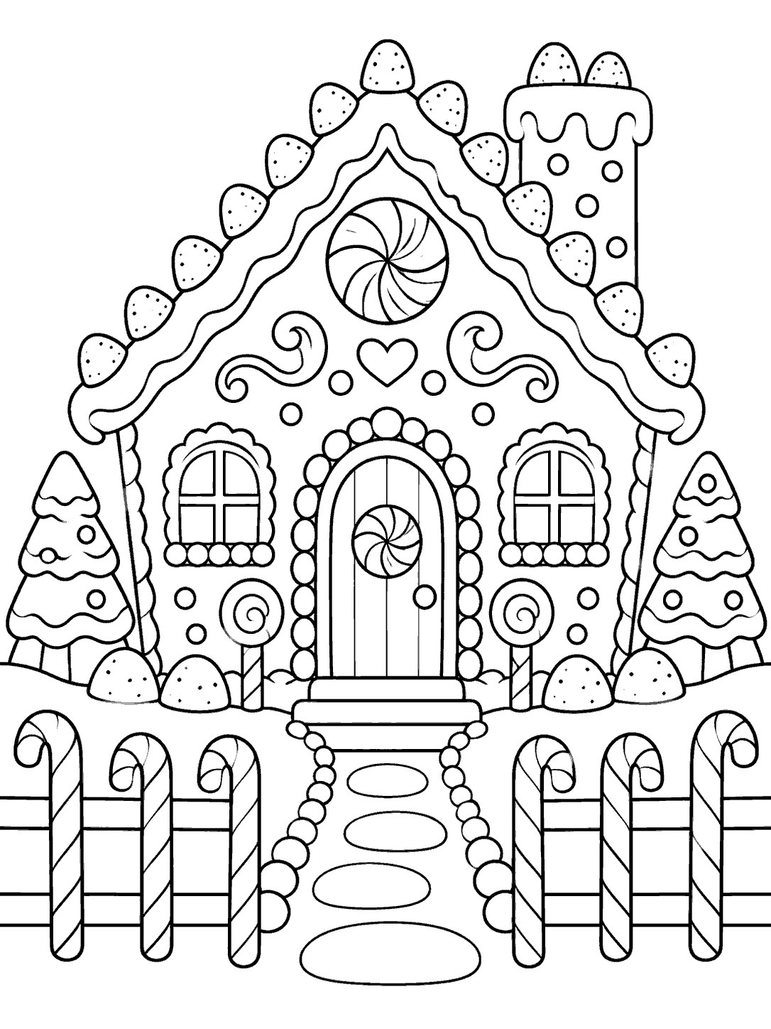 Portrait coloring page of a decorated gingerbread house behind a candy cane fence, with a path to the door and gumdrops along the roof.