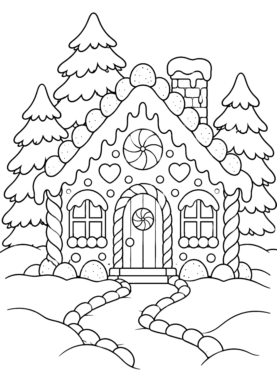 A candy-decorated gingerbread house with a gumdrop roof, framed by three snow-capped evergreen trees and a winding path across snowy ground.