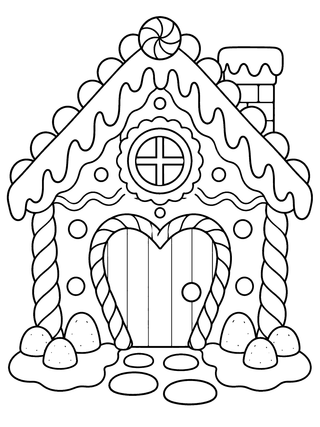 Black-and-white gingerbread house coloring page with a large heart-shaped door, round window, icing trim, candy buttons, and stepping stones.