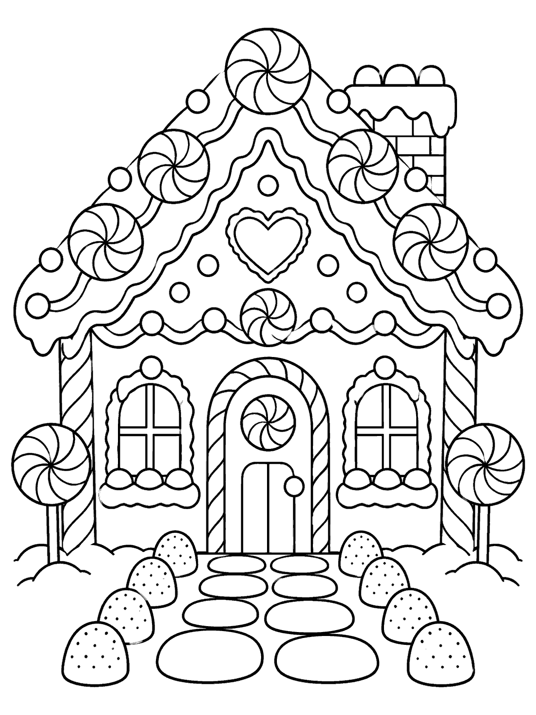 Gingerbread house coloring page with peppermint swirls, icing trim, two windows, and a centered door.