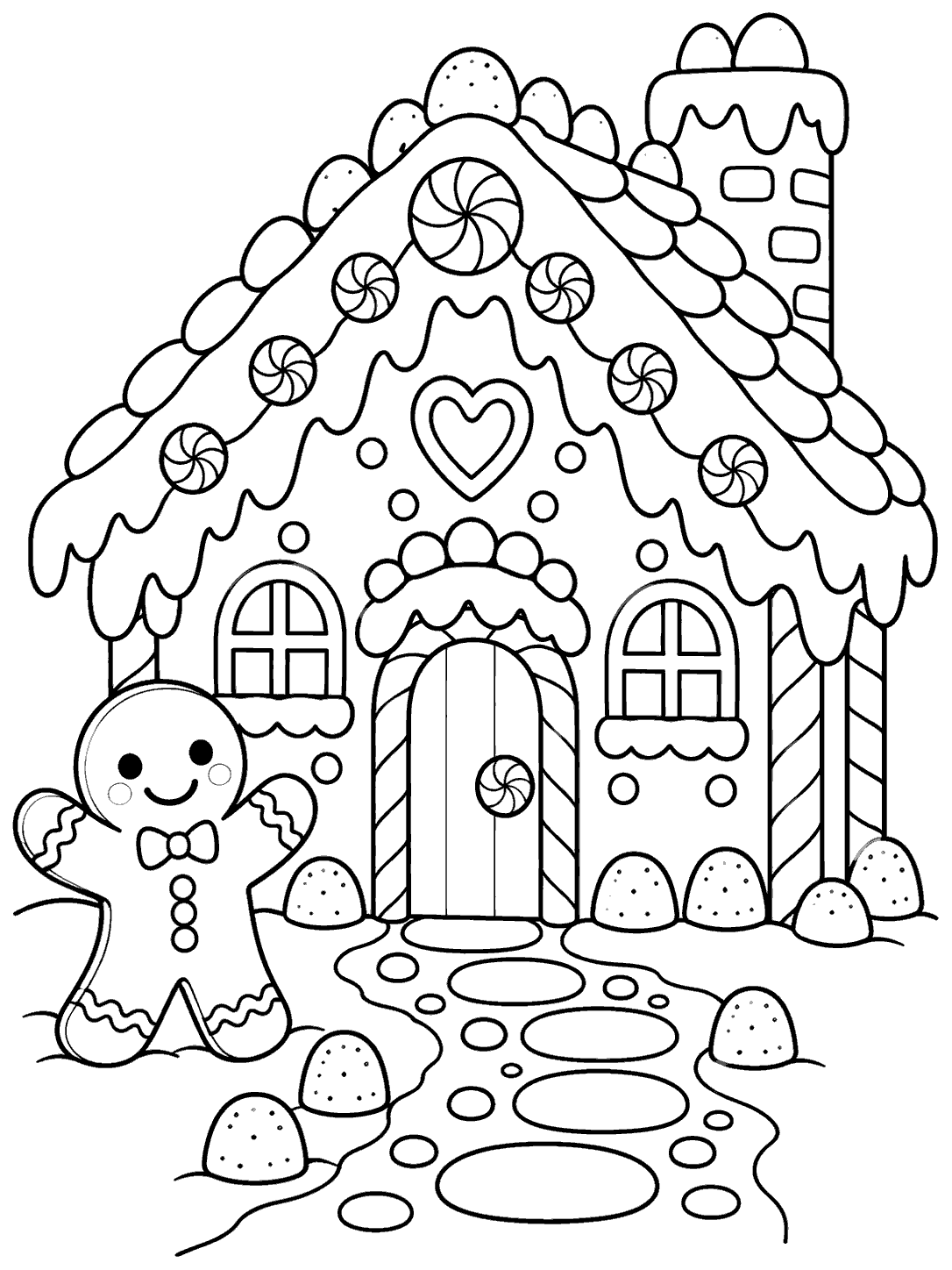 Portrait gingerbread house coloring page with a smiling gingerbread person beside the candy-covered cottage and gumdrops on the path.