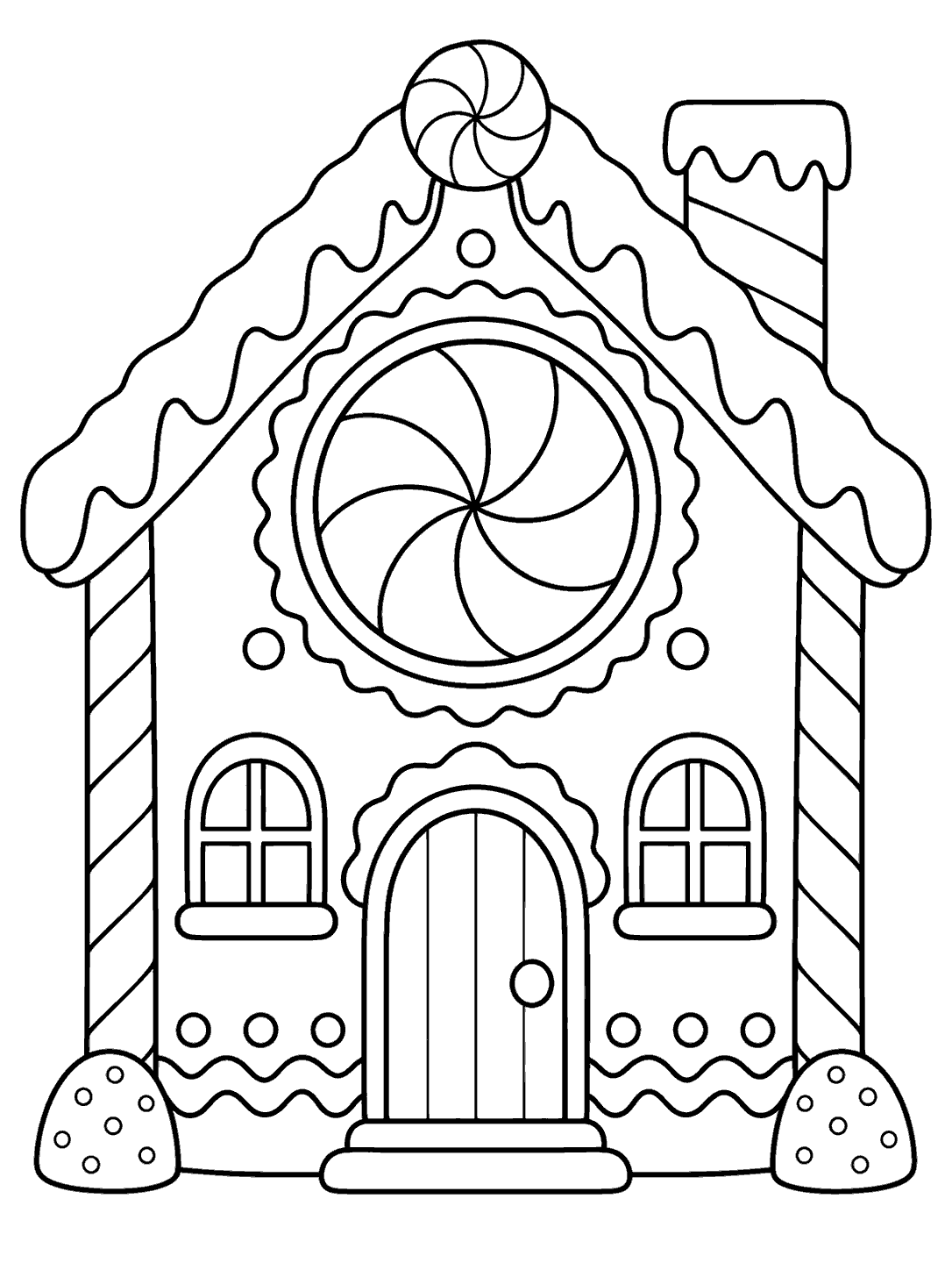 Black-outline gingerbread cottage coloring page with a large round peppermint window, icing-trimmed roof, simple door, and gumdrops.
