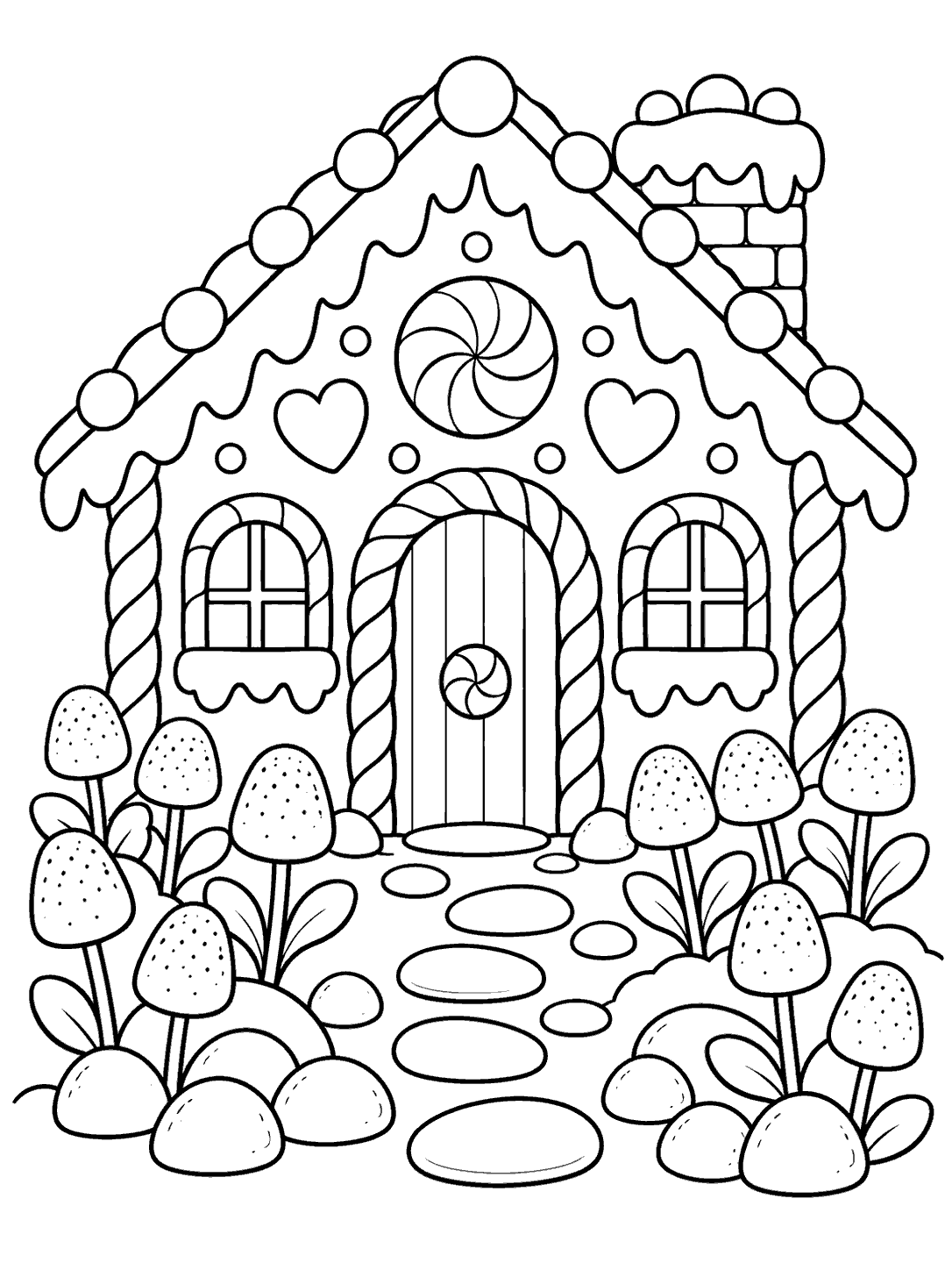 Gingerbread house coloring page with gumdrop flowers, candy details, and a path of stones.