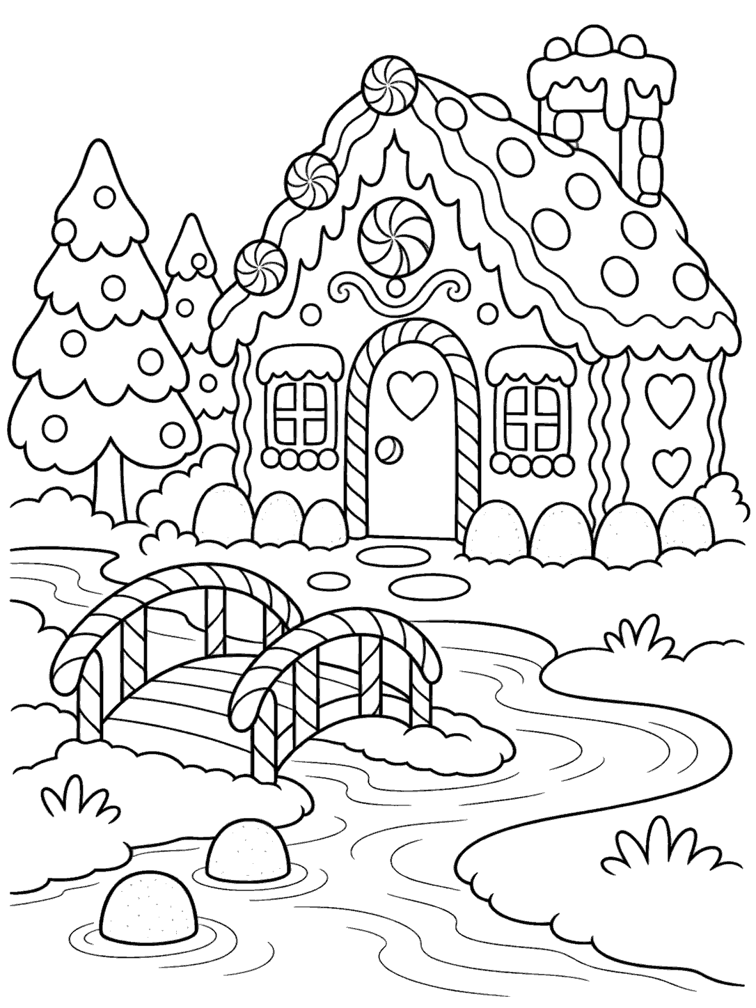 Black-outline coloring page of a large gingerbread house with candy details, beside a curving stream crossed by a candy-cane bridge and gumdrop stepping stones.