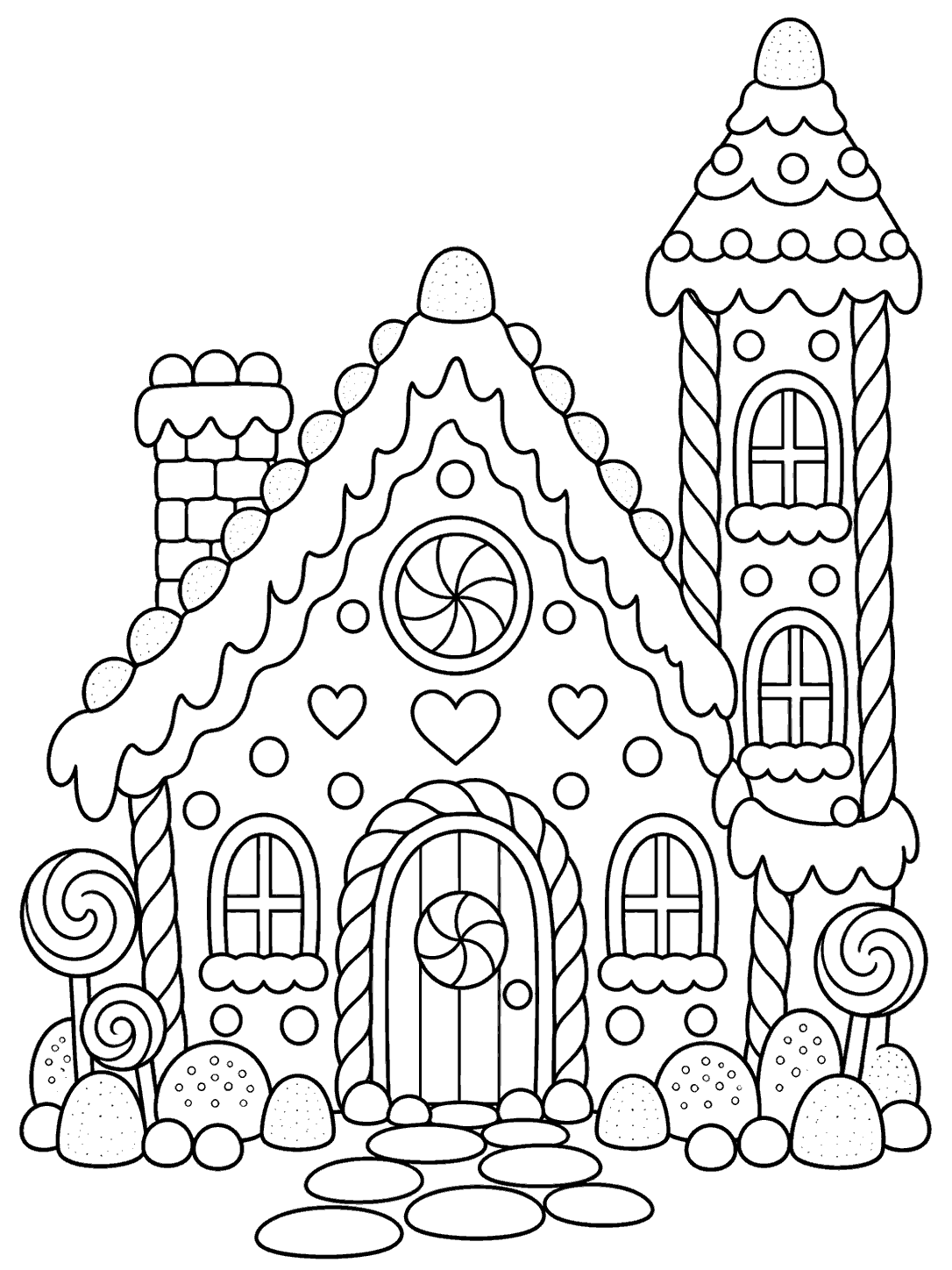 Gingerbread house coloring page with a tall gumdrop-topped candy tower, icing trim, and small windows.