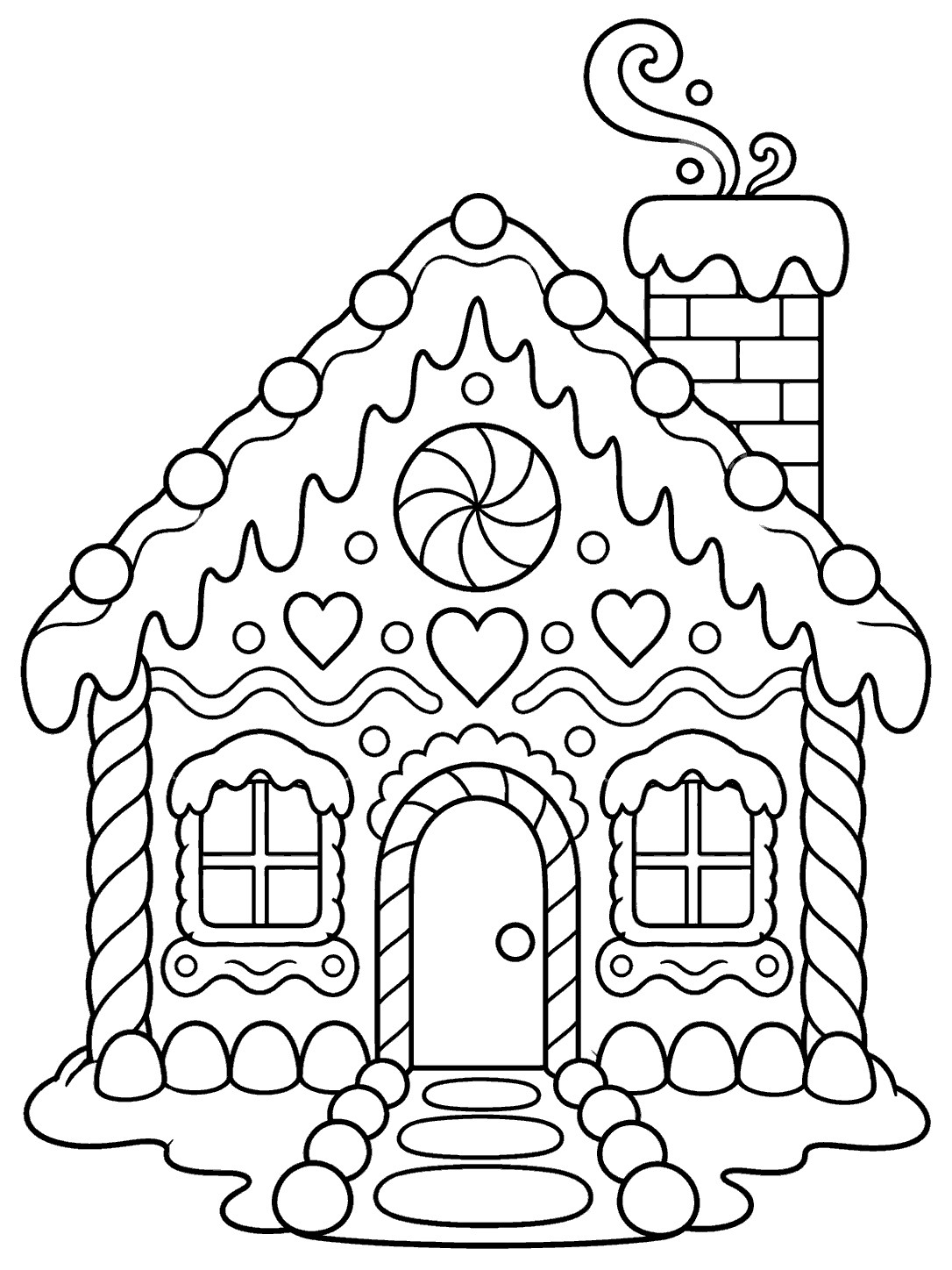 Gingerbread house coloring page with a snowy brick chimney, curled icing decoration, a door, and two windows.