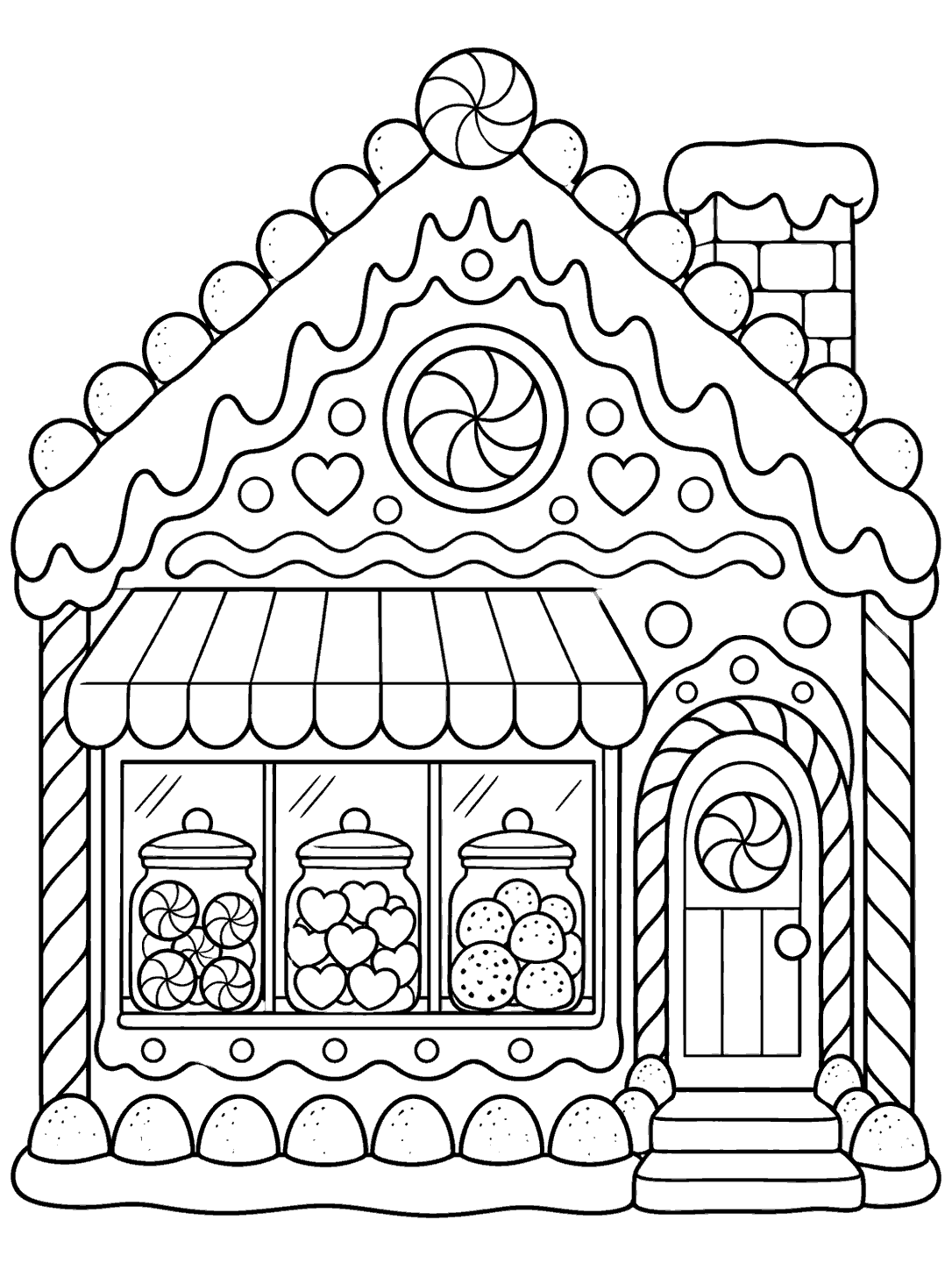 A detailed gingerbread candy shop coloring page with a striped awning, three sweet jars in the front window, and a decorated doorway.