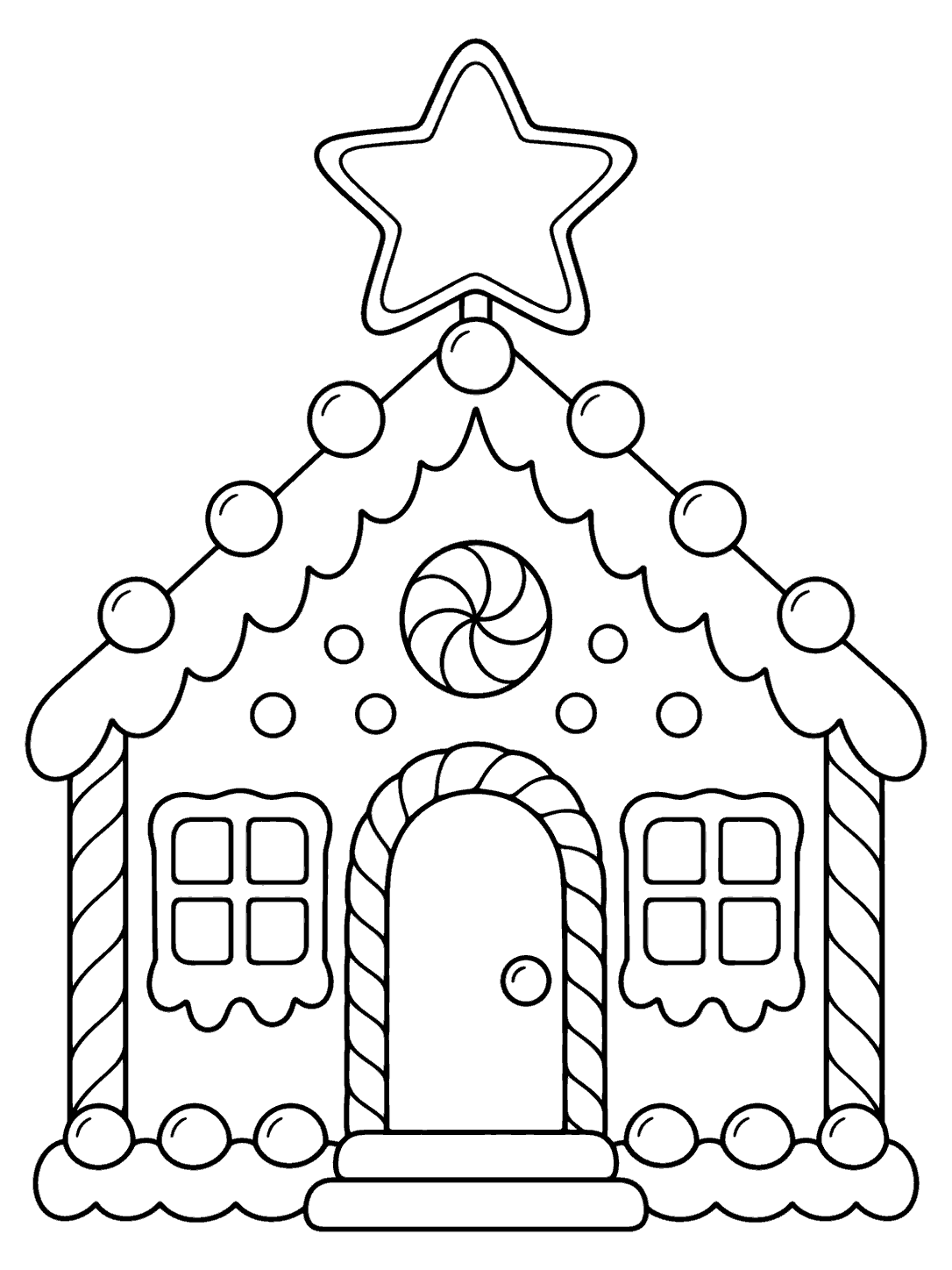 Gingerbread house with a large outlined star above the roof, scalloped icing, a central door, and two windows.
