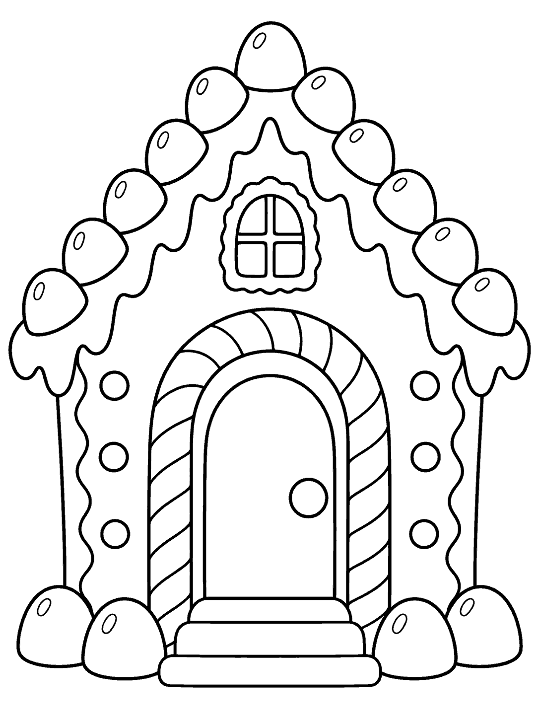 Gingerbread house coloring page with a candy cane arch around the doorway, gumdrop roof decorations, and a small window