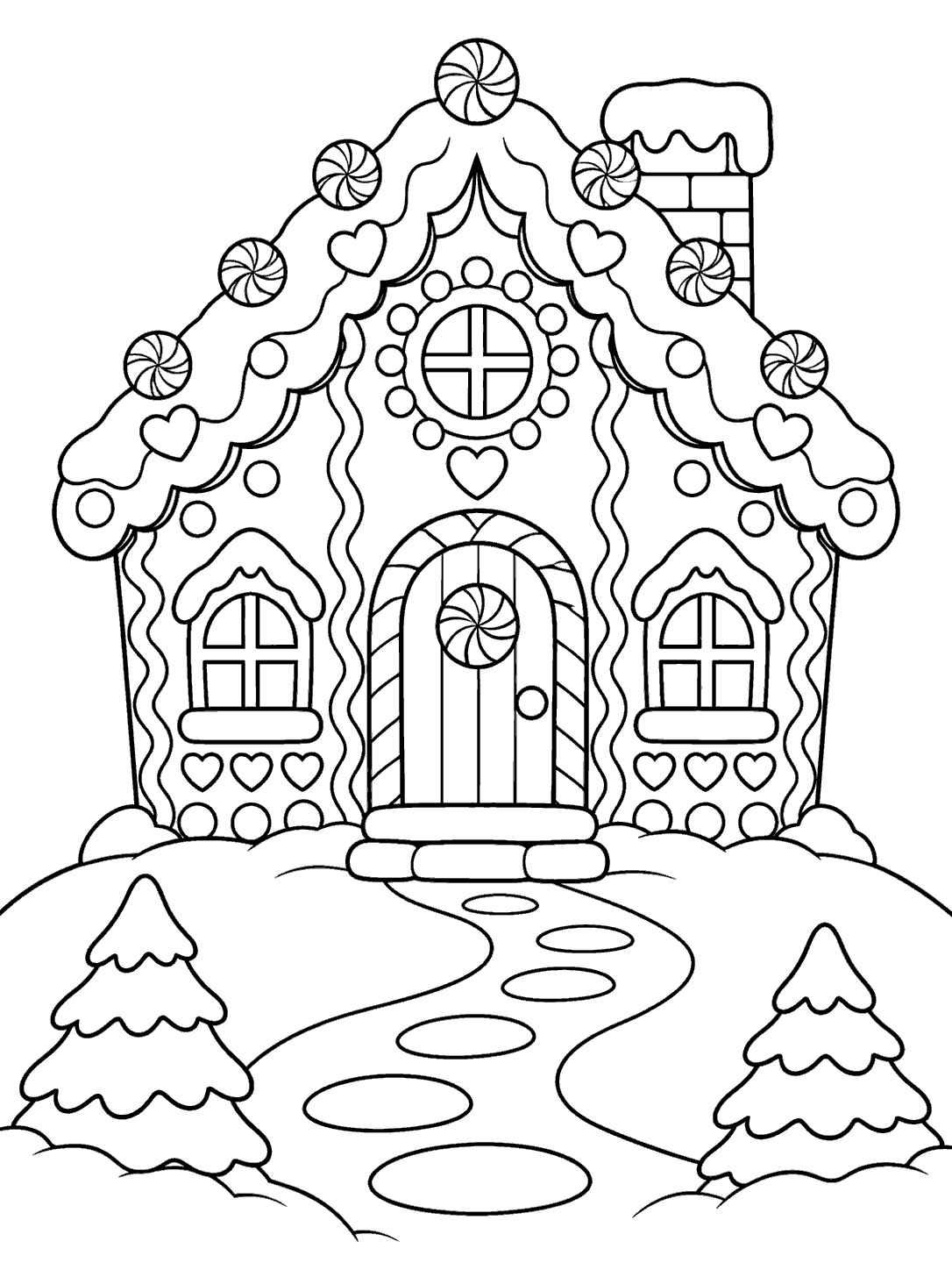 Gingerbread house on a snowy hill coloring page with a winding path and two fir trees