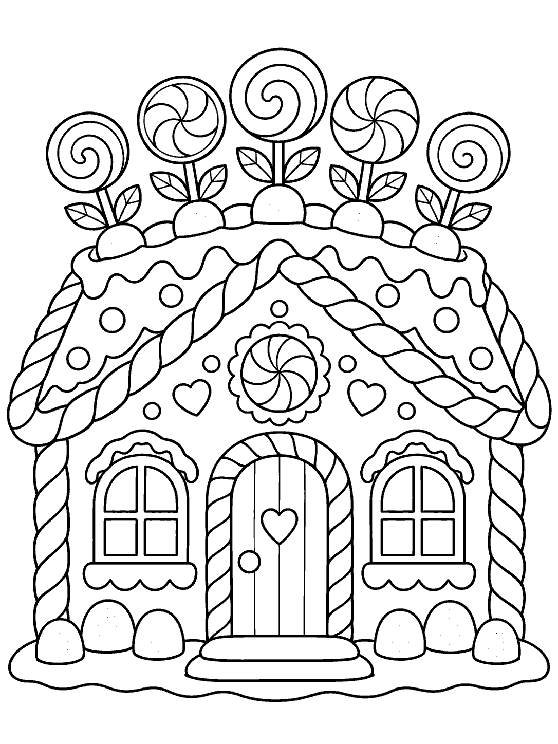 Black-and-white gingerbread house coloring page with five distinct lollipops and leafy stems along the roof ridge, plus a door and two windows.