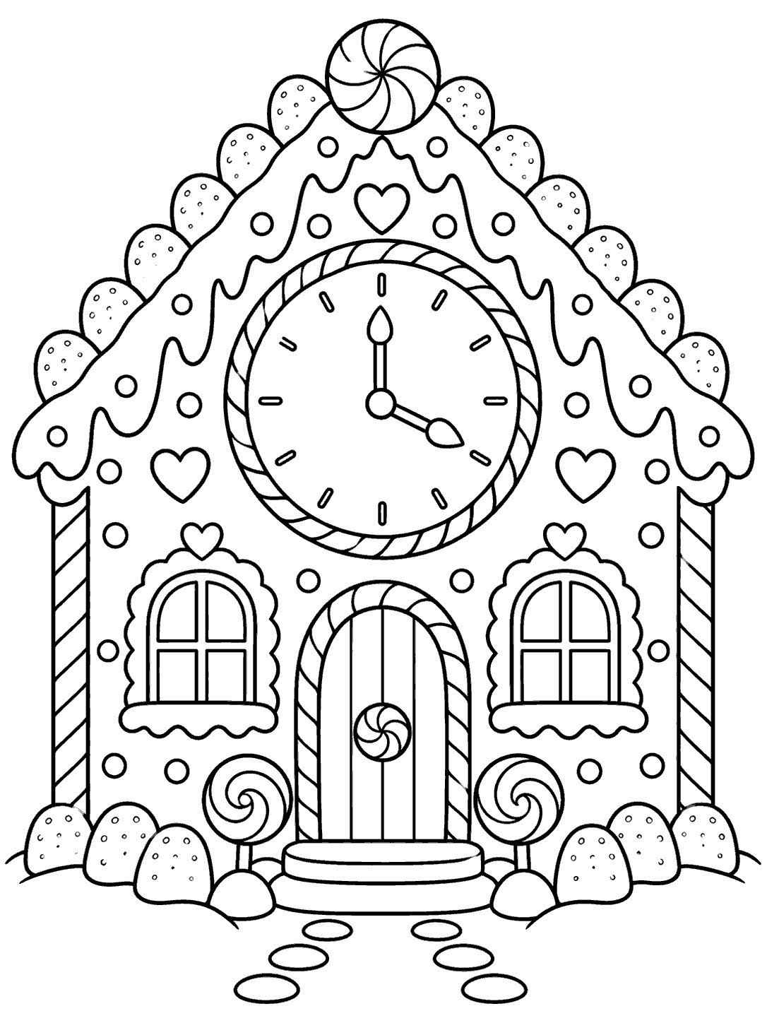 A gingerbread house coloring page with a large round candy clock above the door, scalloped icing, gumdrop roof trim, and candy decorations.