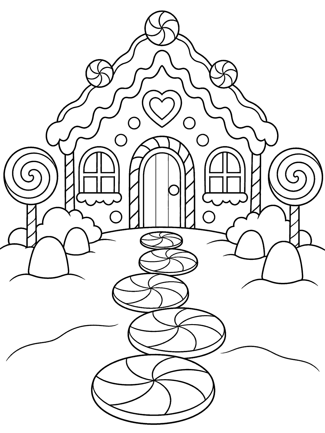 Gingerbread house with a peppermint path coloring page