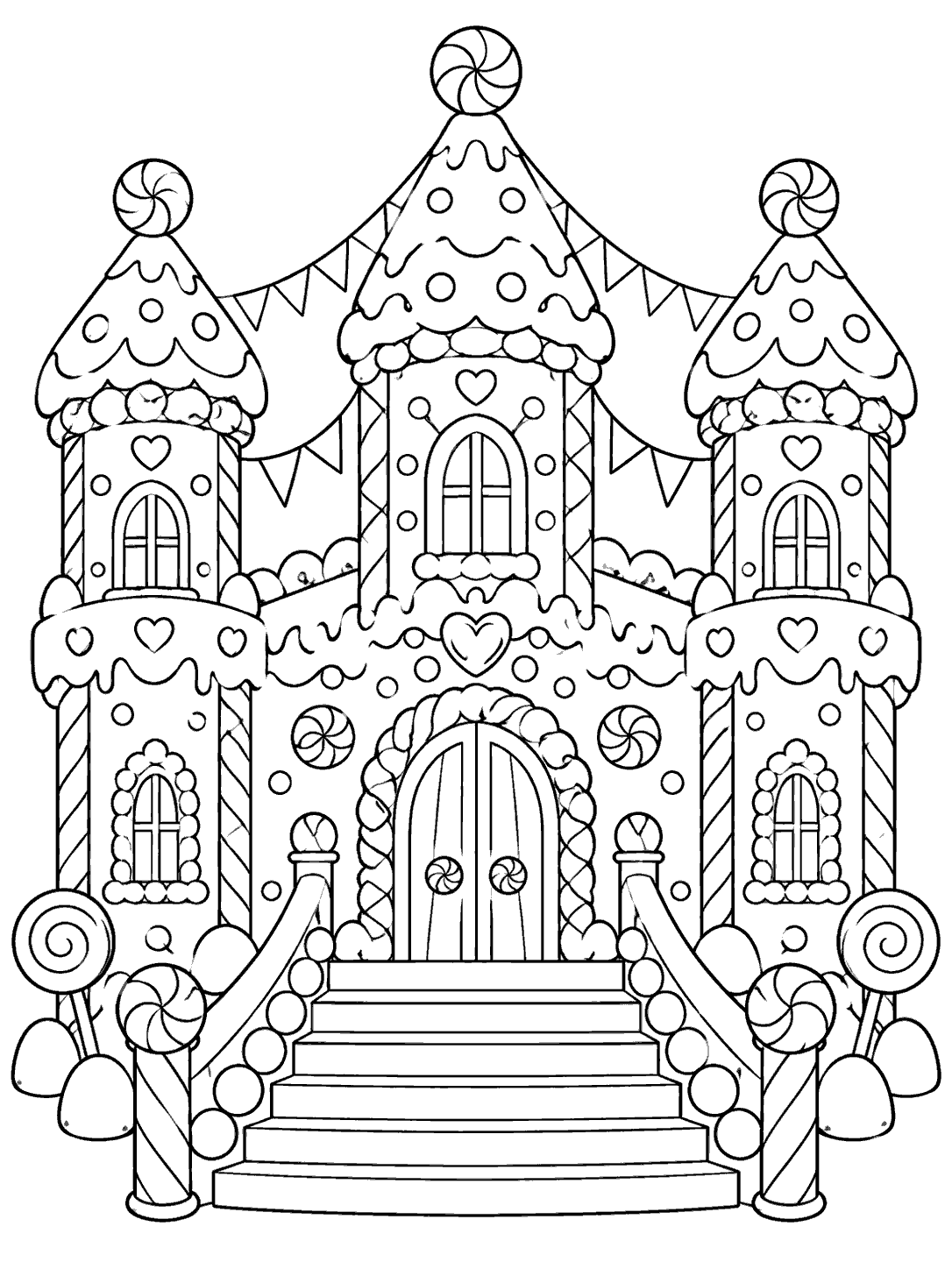 Symmetrical gingerbread palace coloring page with three candy turrets, banners, and a broad staircase