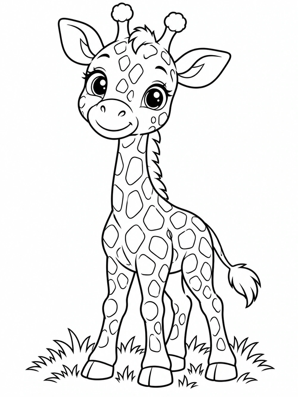 Cute giraffe calf with large expressive eyes and irregular spots standing in grass coloring page