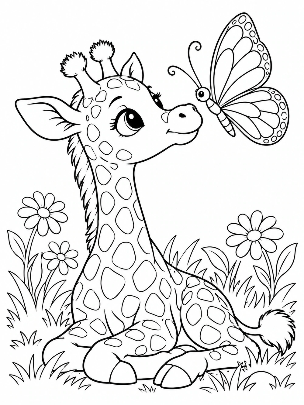 Seated giraffe calf meeting a large butterfly coloring page