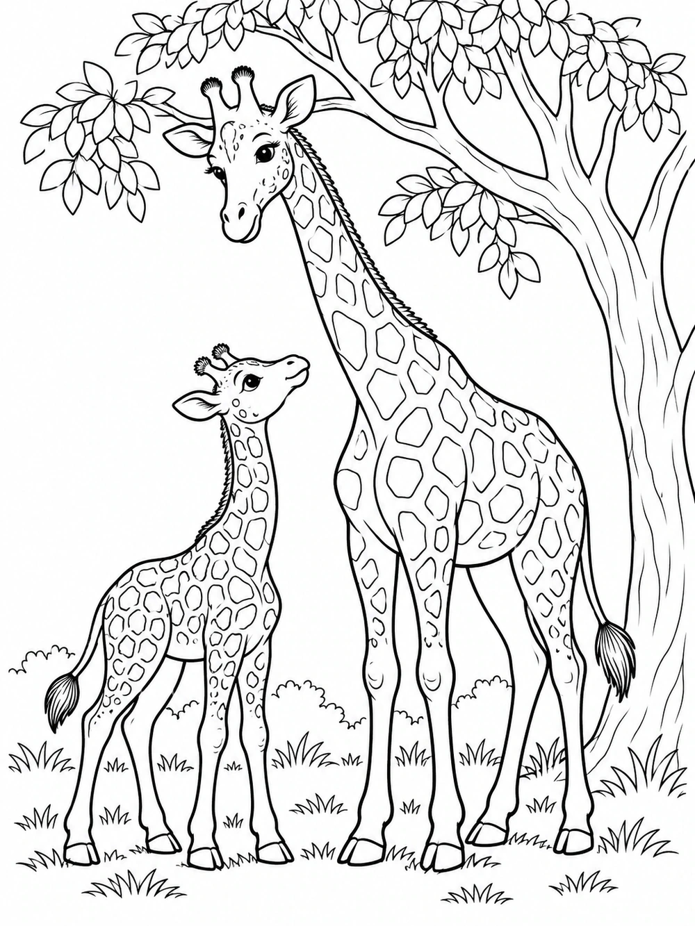 Adult giraffe and smaller calf beneath a leafy tree, outlined as a coloring page.