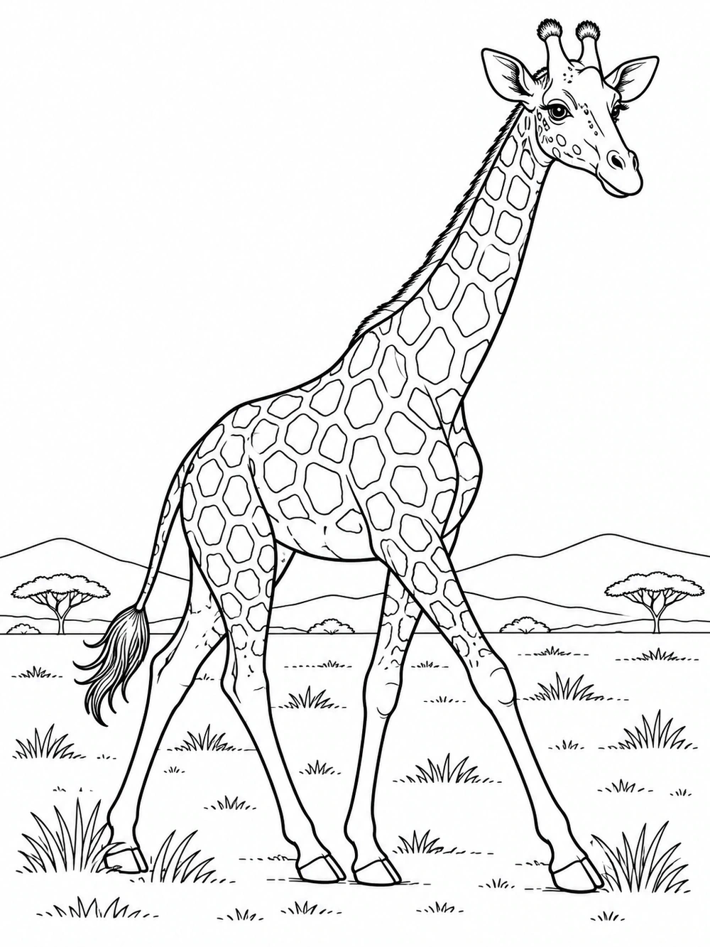 Giraffe walking across savanna coloring page