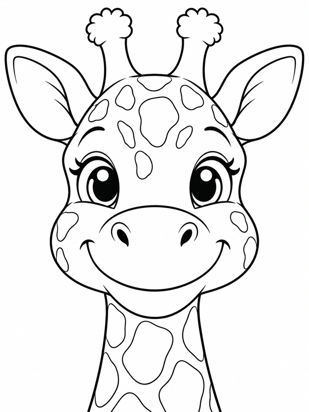 Close-up smiling giraffe face coloring page