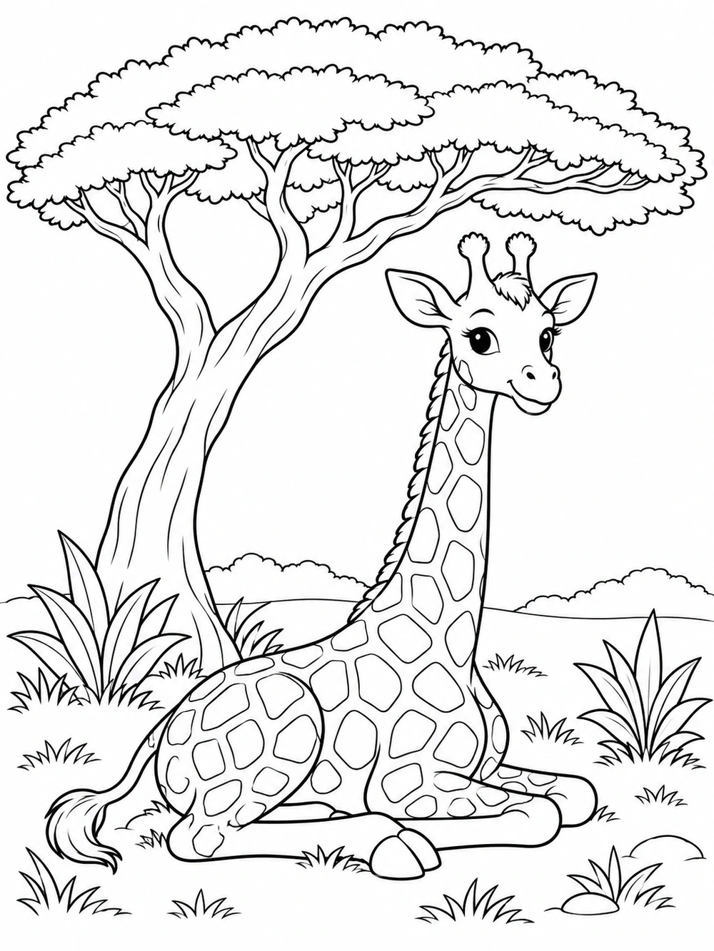 A seated giraffe beneath a broad acacia tree with simple ground plants, drawn as black-and-white coloring page line art.