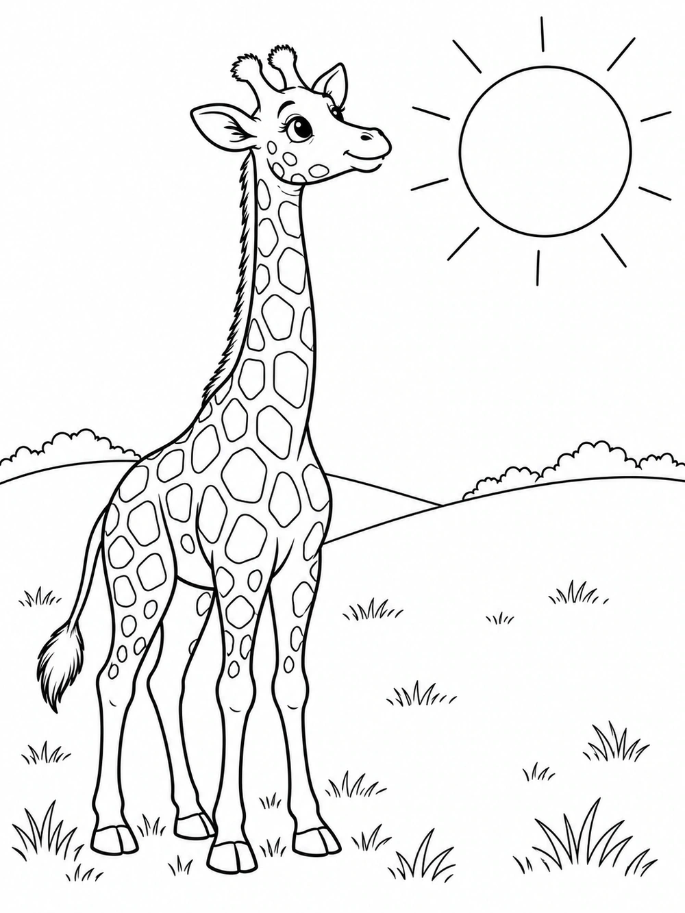 Standing giraffe looking toward a large sun above rolling hills, with sparse grass, in a black-and-white coloring page.