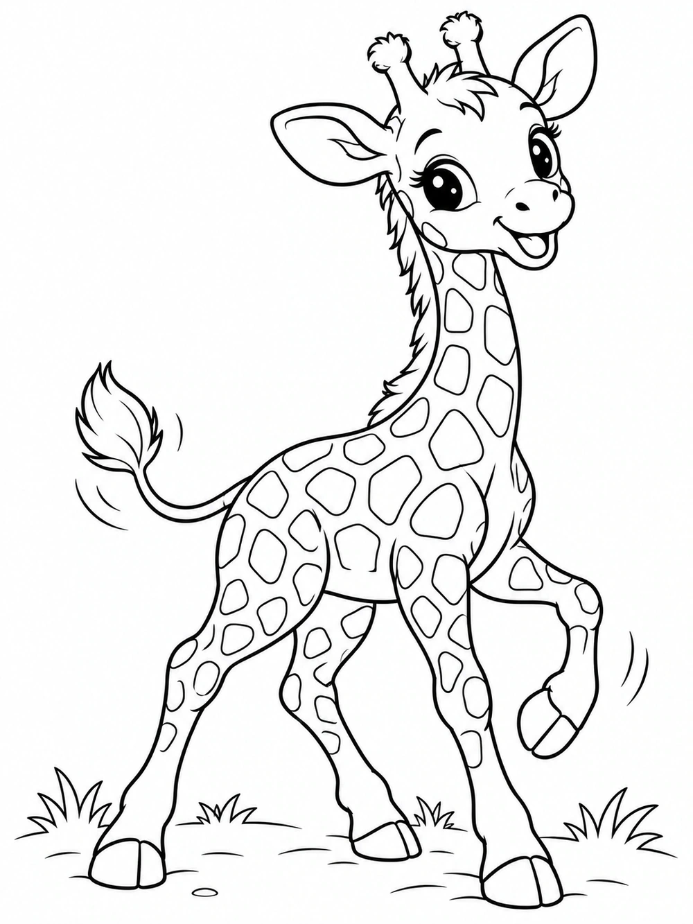 Smiling giraffe calf raising a hoof, with separate spots and grass tufts, in a black-and-white coloring page.