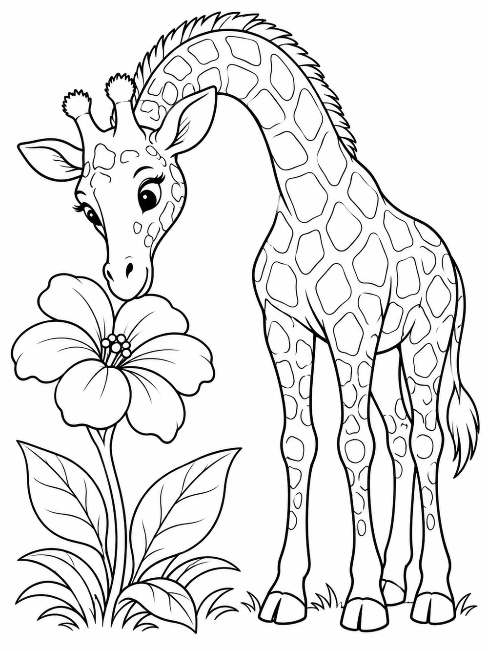 Giraffe bending toward a large flower coloring page