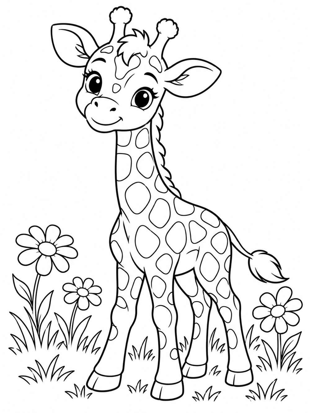 Baby giraffe with large spots standing among meadow flowers and grass tufts, printable coloring page
