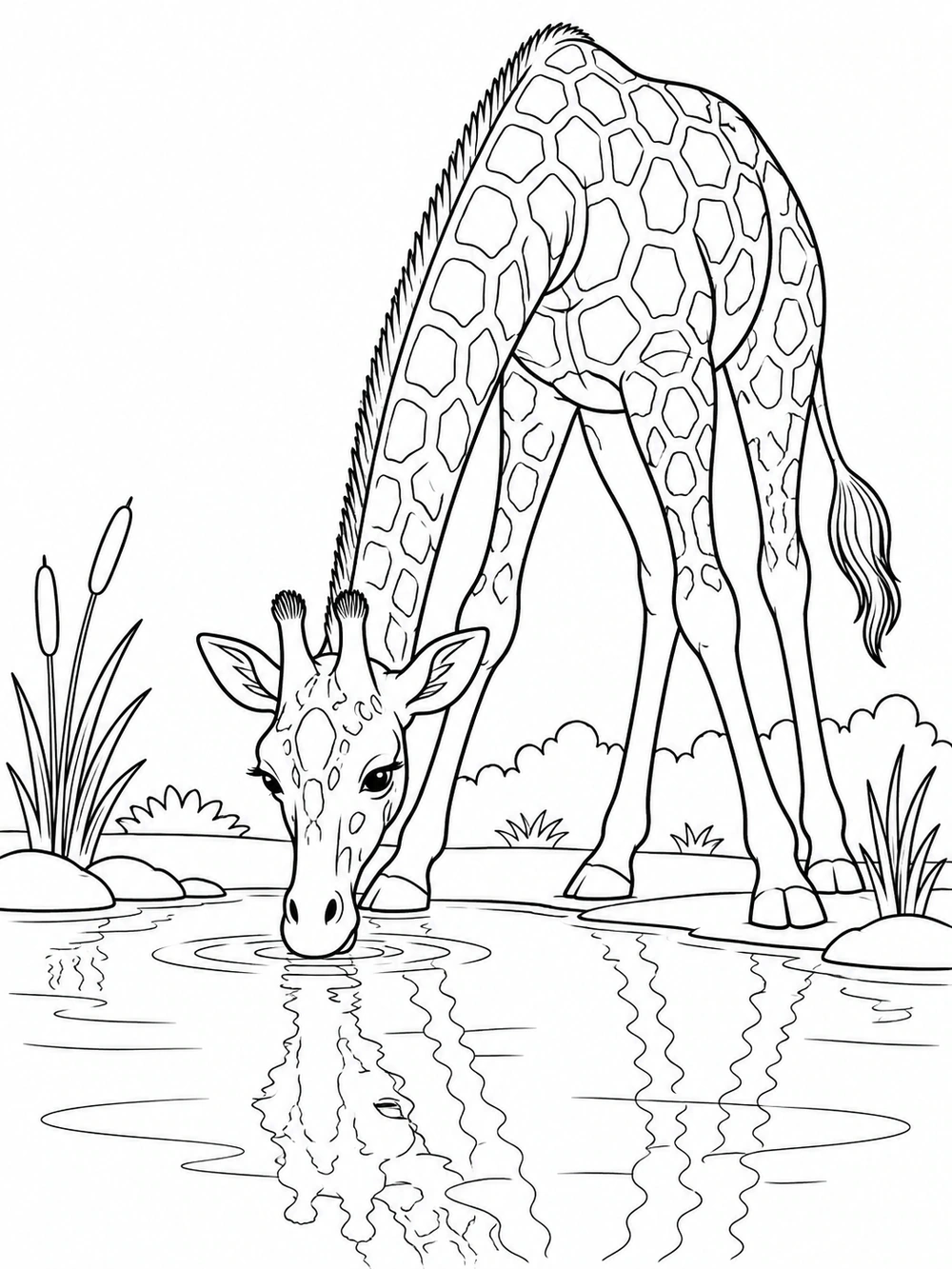 Giraffe drinking at a watering hole with its reflection, reeds, and ripples in a coloring page.