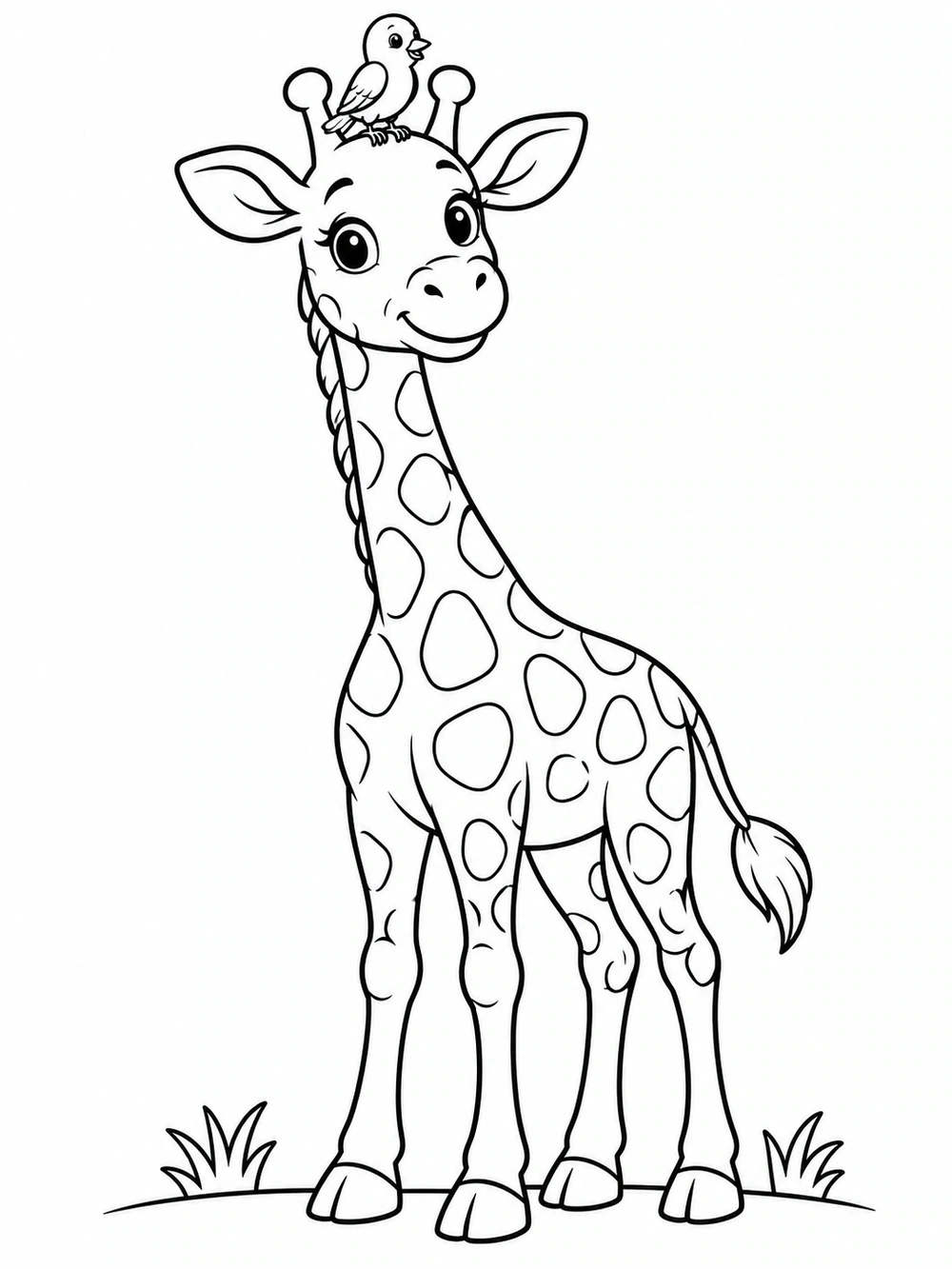 A friendly giraffe stands with a small bird perched between its ossicones, with two grass tufts beside a ground line.