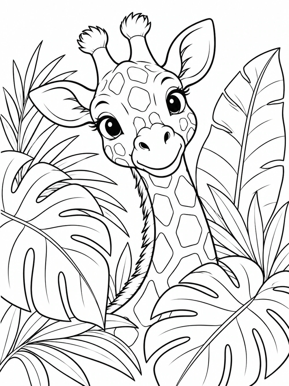 Friendly giraffe with clear spots peeking through broad tropical leaves in a black and white coloring page