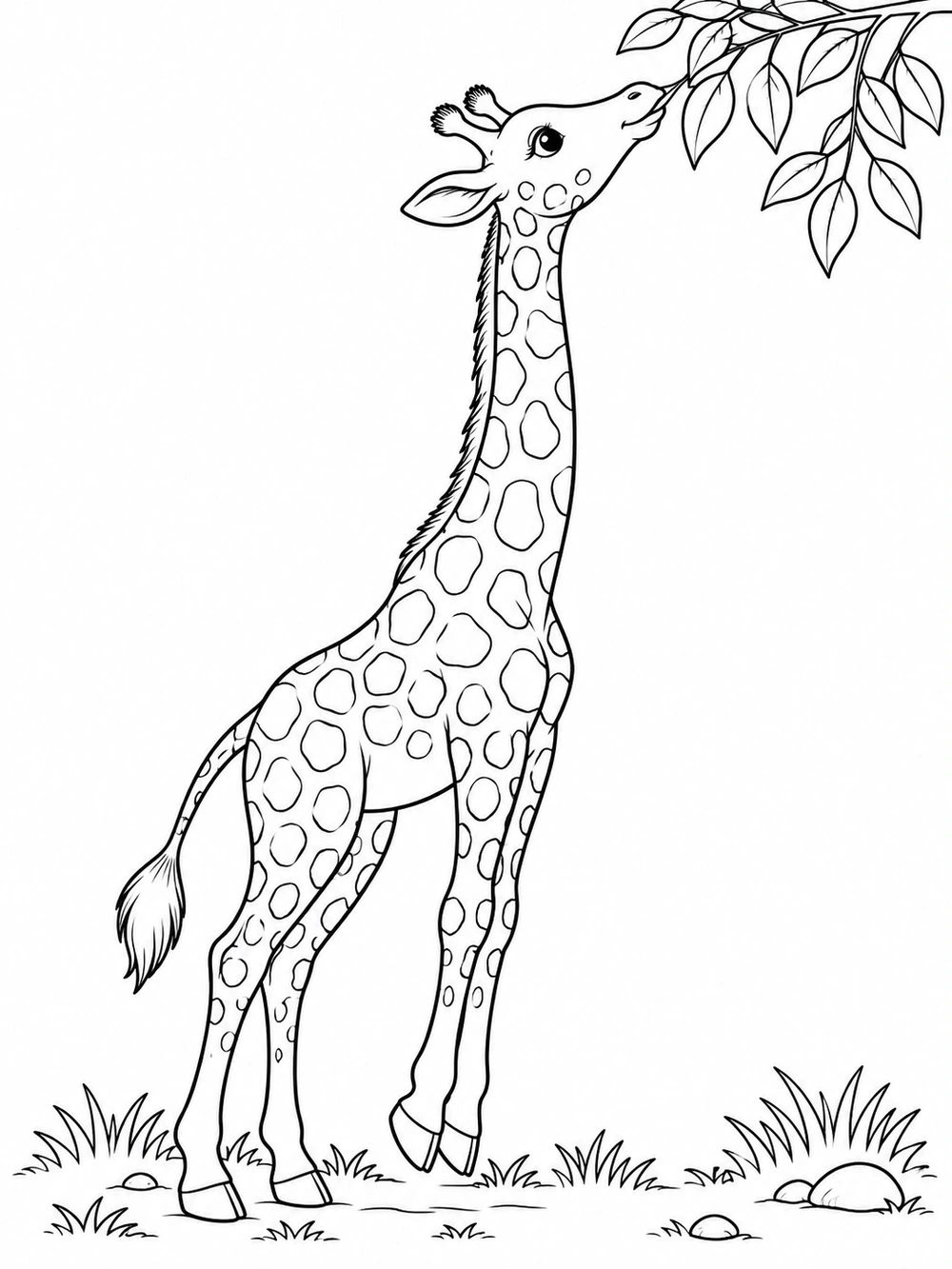 Full-body spotted giraffe reaching toward leafy branches above a grassy ground.