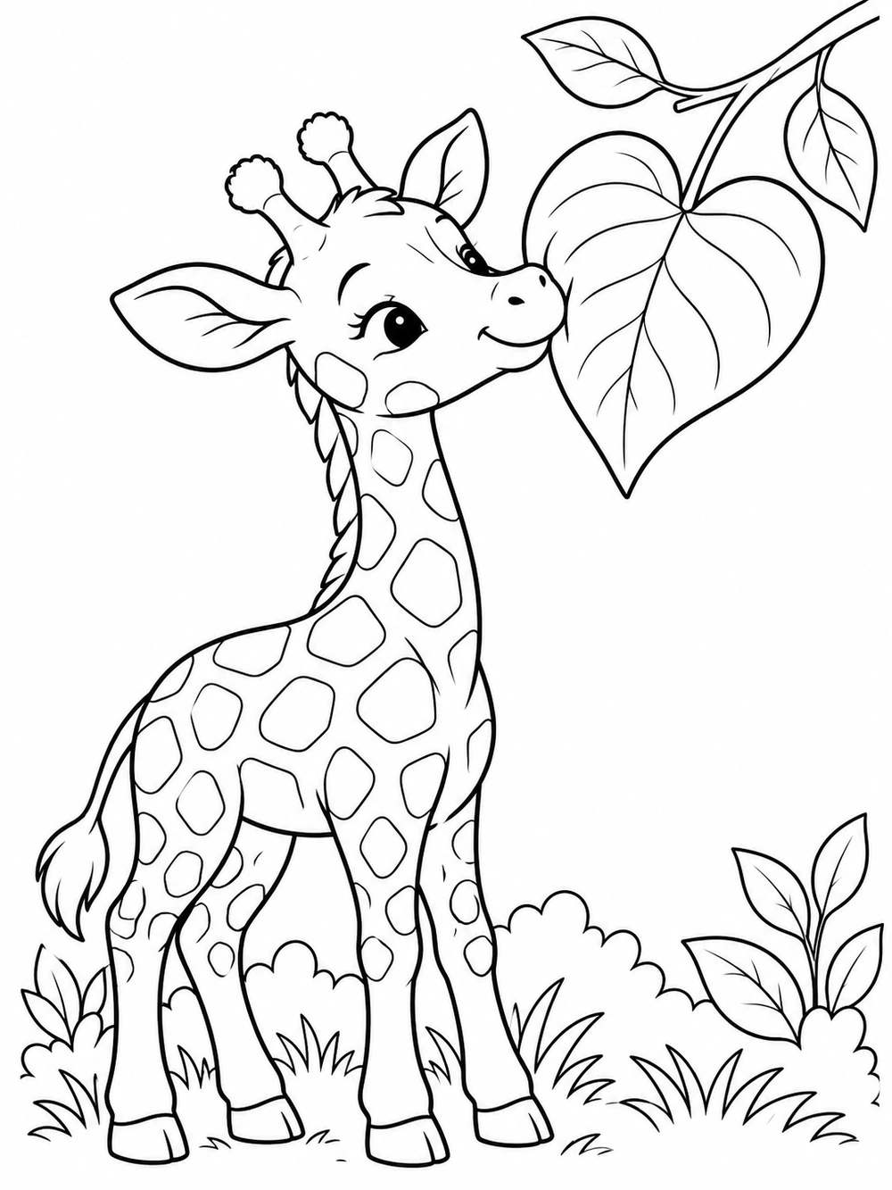 Young giraffe nuzzling a large heart-shaped leaf on a branch in a black-and-white coloring page