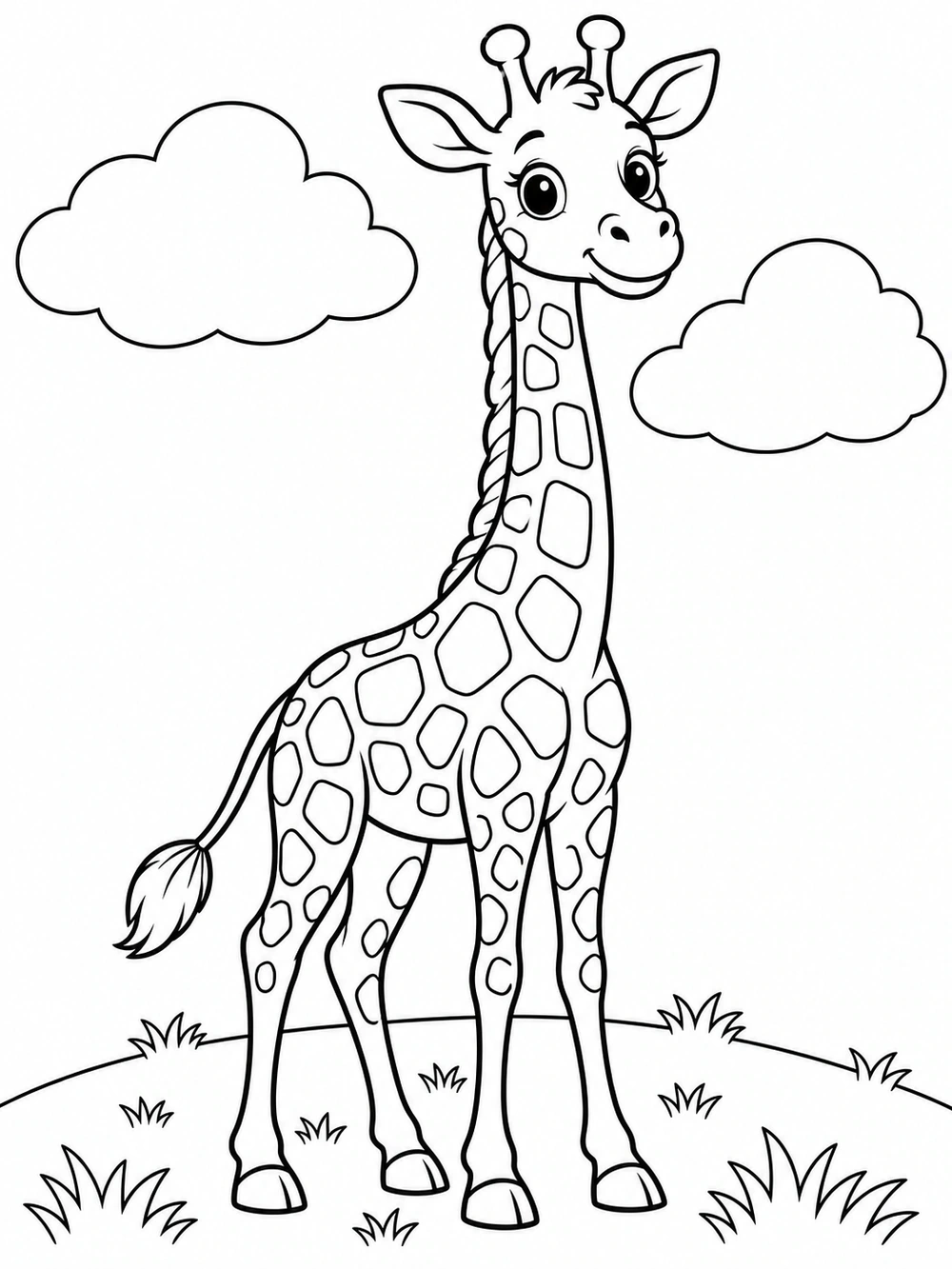 A spotted giraffe standing on a grassy hill beneath two clouds in a black-and-white coloring page.
