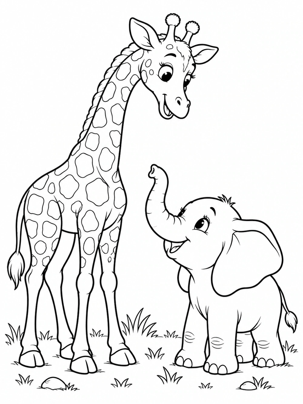 Black-outline coloring page showing a tall giraffe and a smaller elephant facing each other with grass tufts.