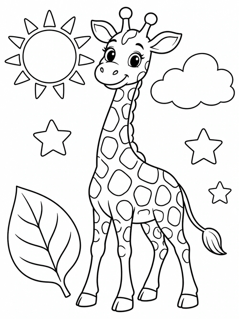 Standing giraffe with a sun, leaf, cloud, and stars coloring page