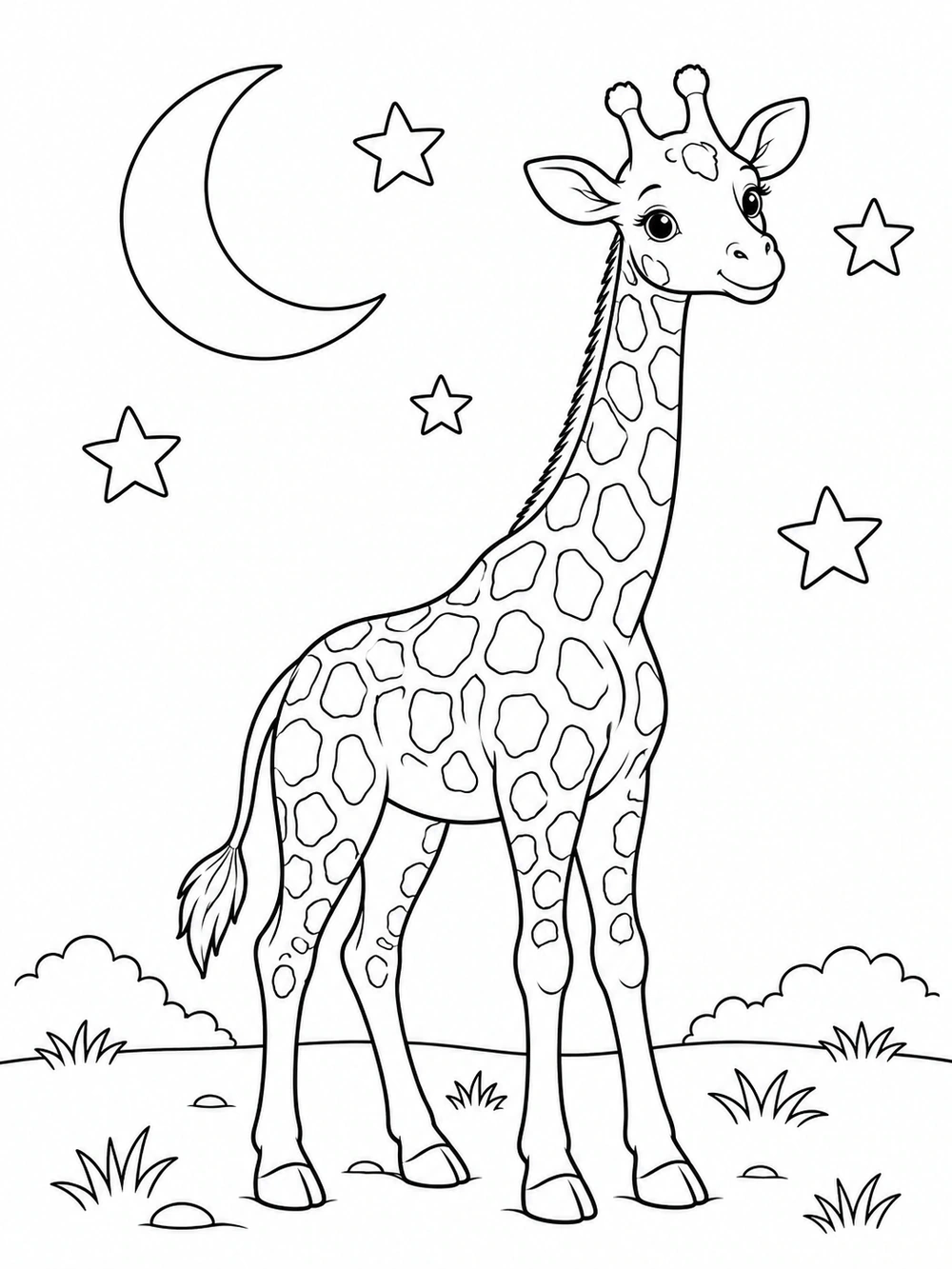 Black-outline giraffe beneath a crescent moon and stars on a printable coloring page