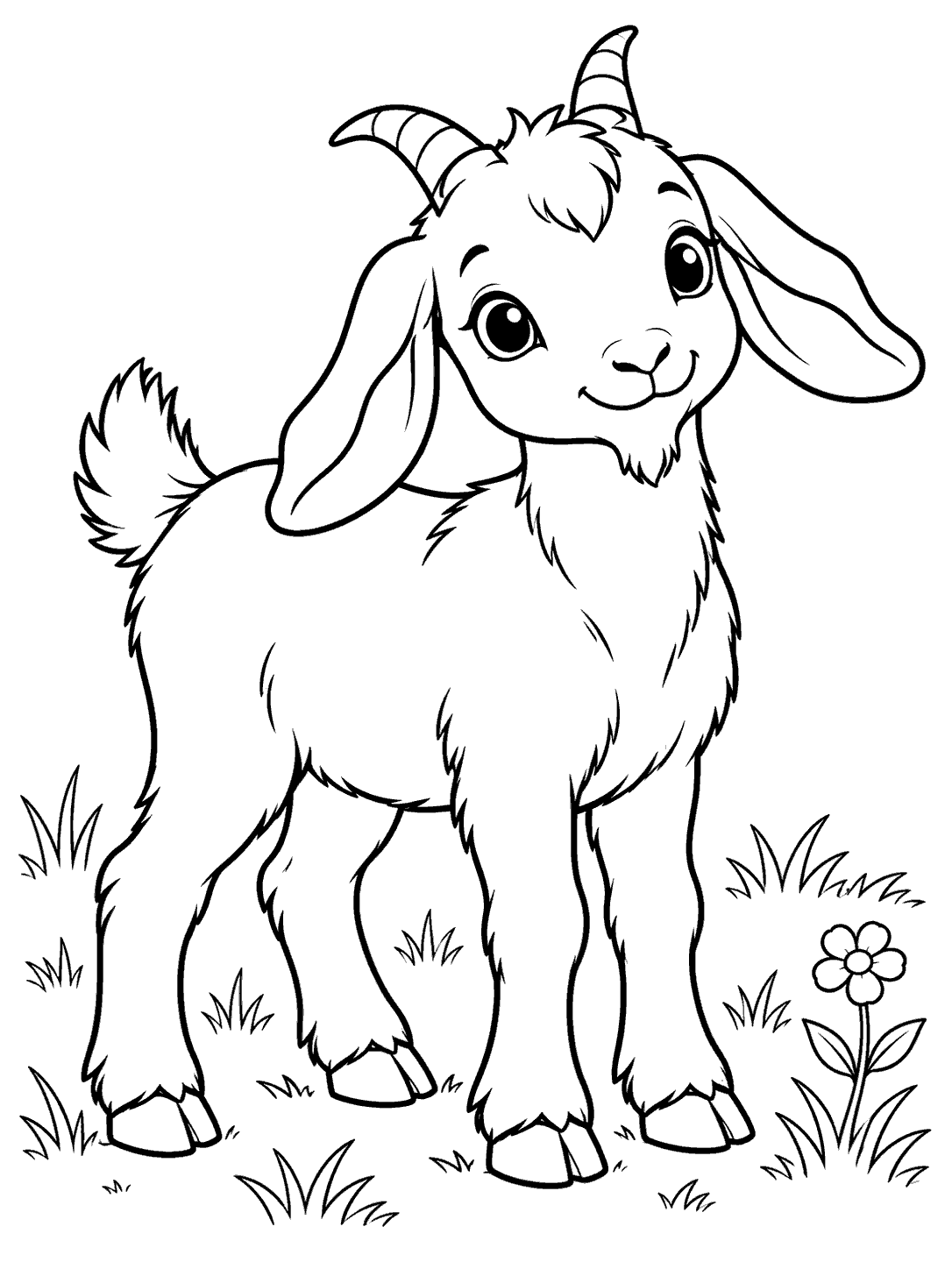 Black-outline coloring page of a floppy-eared baby goat with small horns standing in a meadow with grass and a flower.