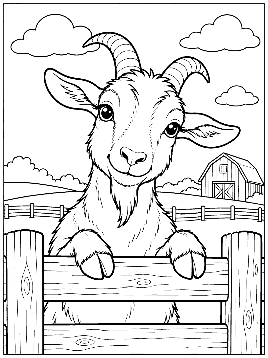Goat peeking over a wooden farm fence with a barn and clouds in a black-and-white coloring page