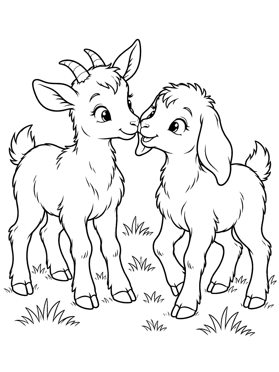 Black-and-white coloring page of two young goats touching noses in a grassy pasture; one has short horns and upright ears, the other has long floppy ears.