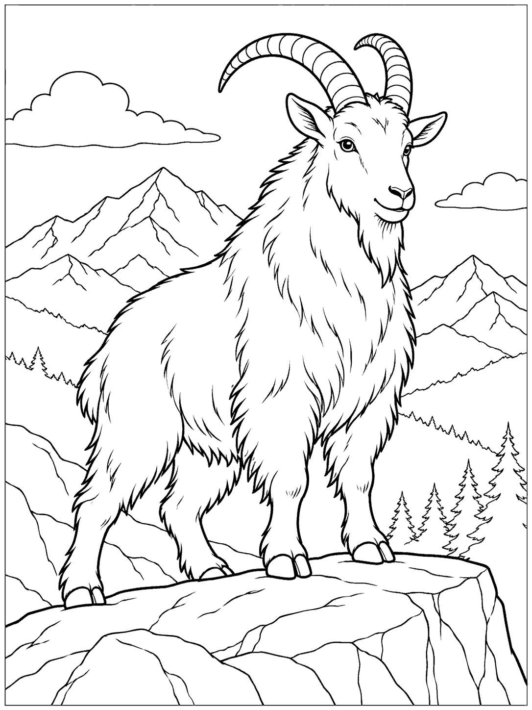 Black-and-white mountain goat coloring page with curved horns, shaggy coat, and rocky mountain scenery.