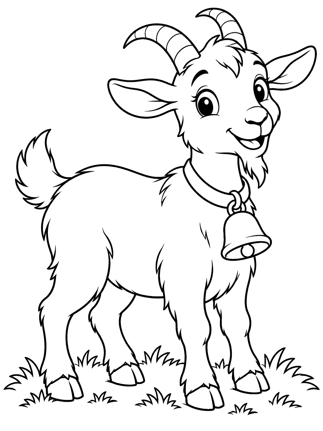Black and white goat coloring page showing a smiling goat wearing a large bell and standing on grass.