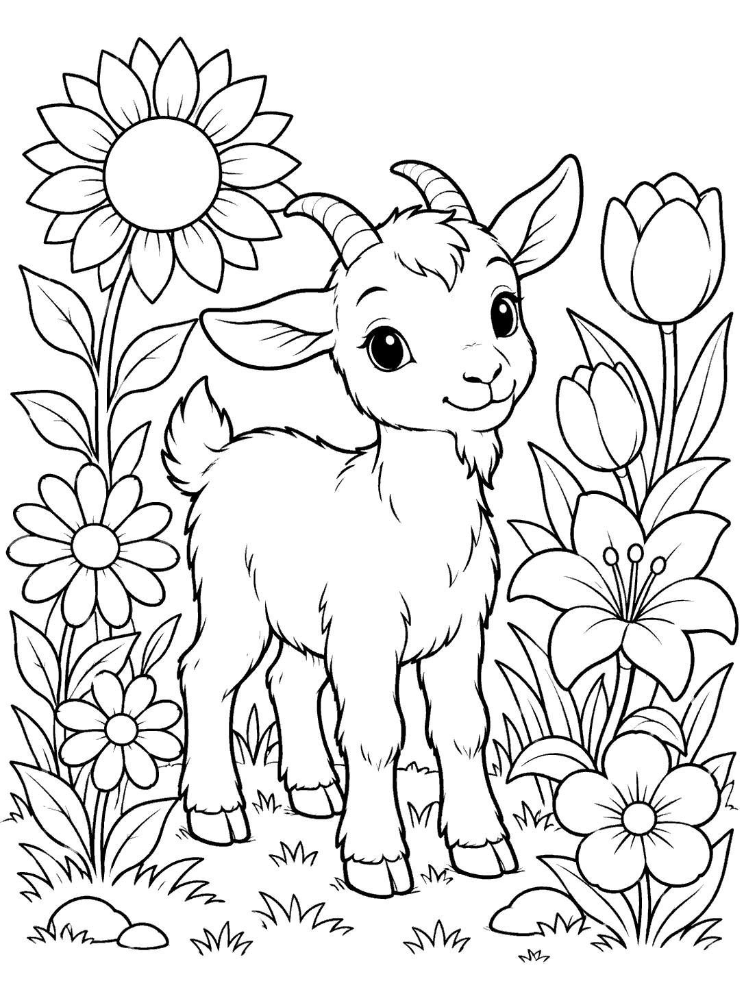 A young goat surrounded by sunflowers, tulips, daisies, and lilies in a black-and-white garden coloring page.