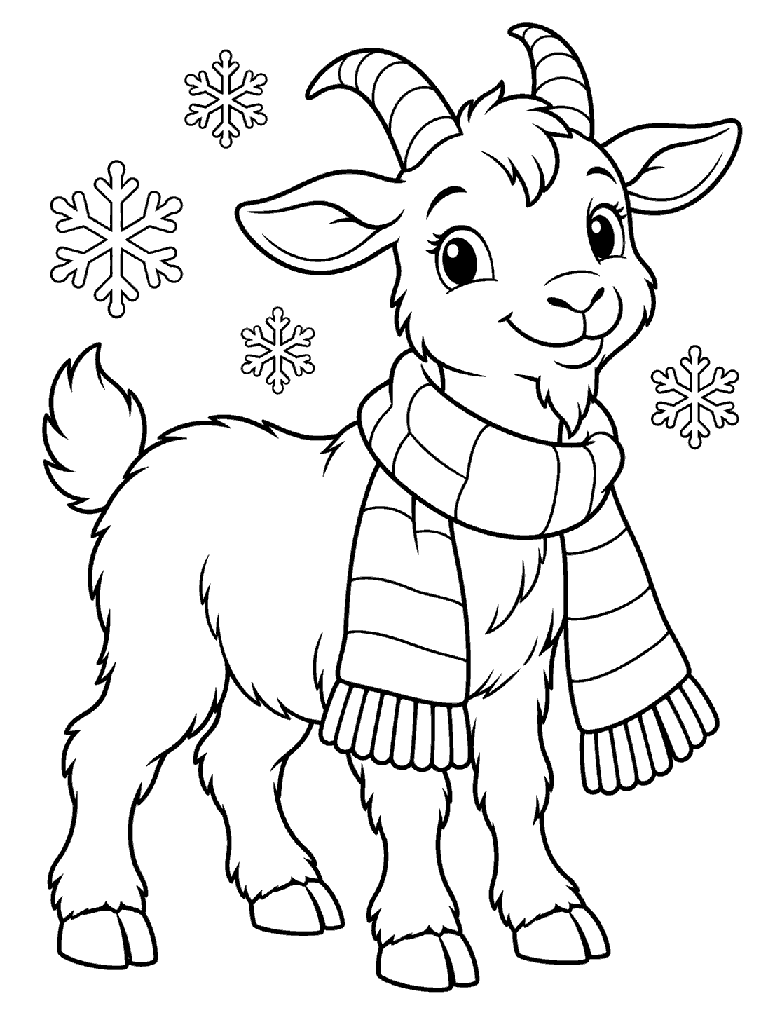 Standing goat wearing a long striped scarf surrounded by snowflakes, black-and-white coloring page
