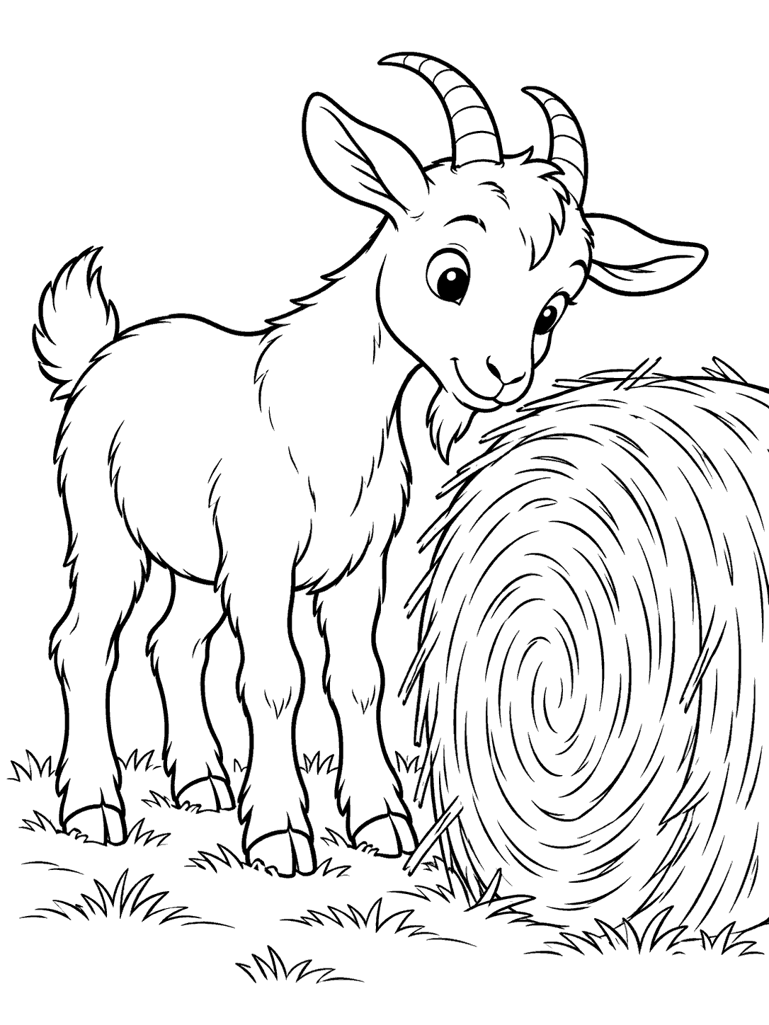 A standing goat leaning curiously toward a large round hay bale, drawn in black outline on a printable coloring page.