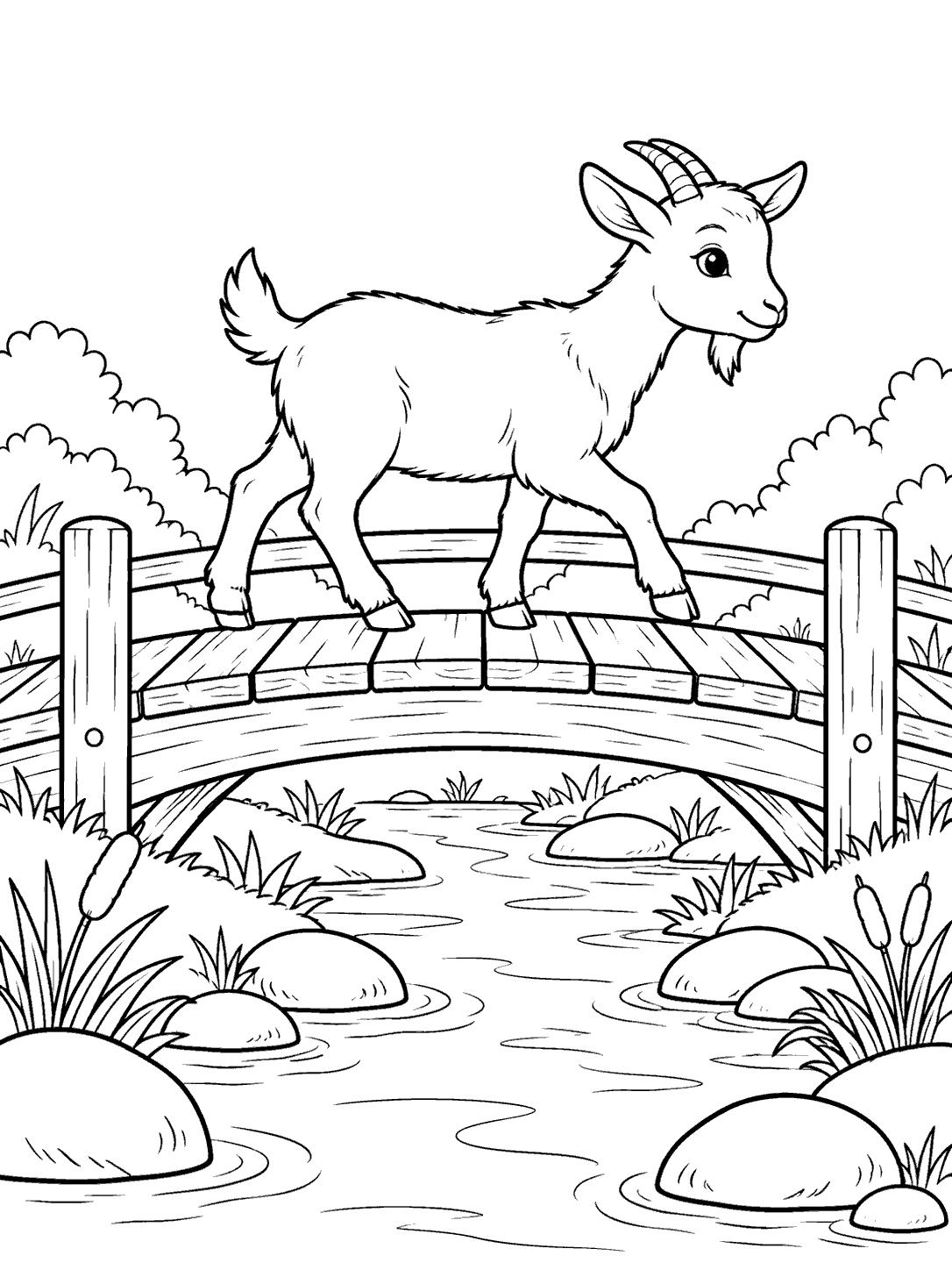 Black-and-white coloring page of a young goat walking across a wooden footbridge over a stream, with stones and reeds along the water.